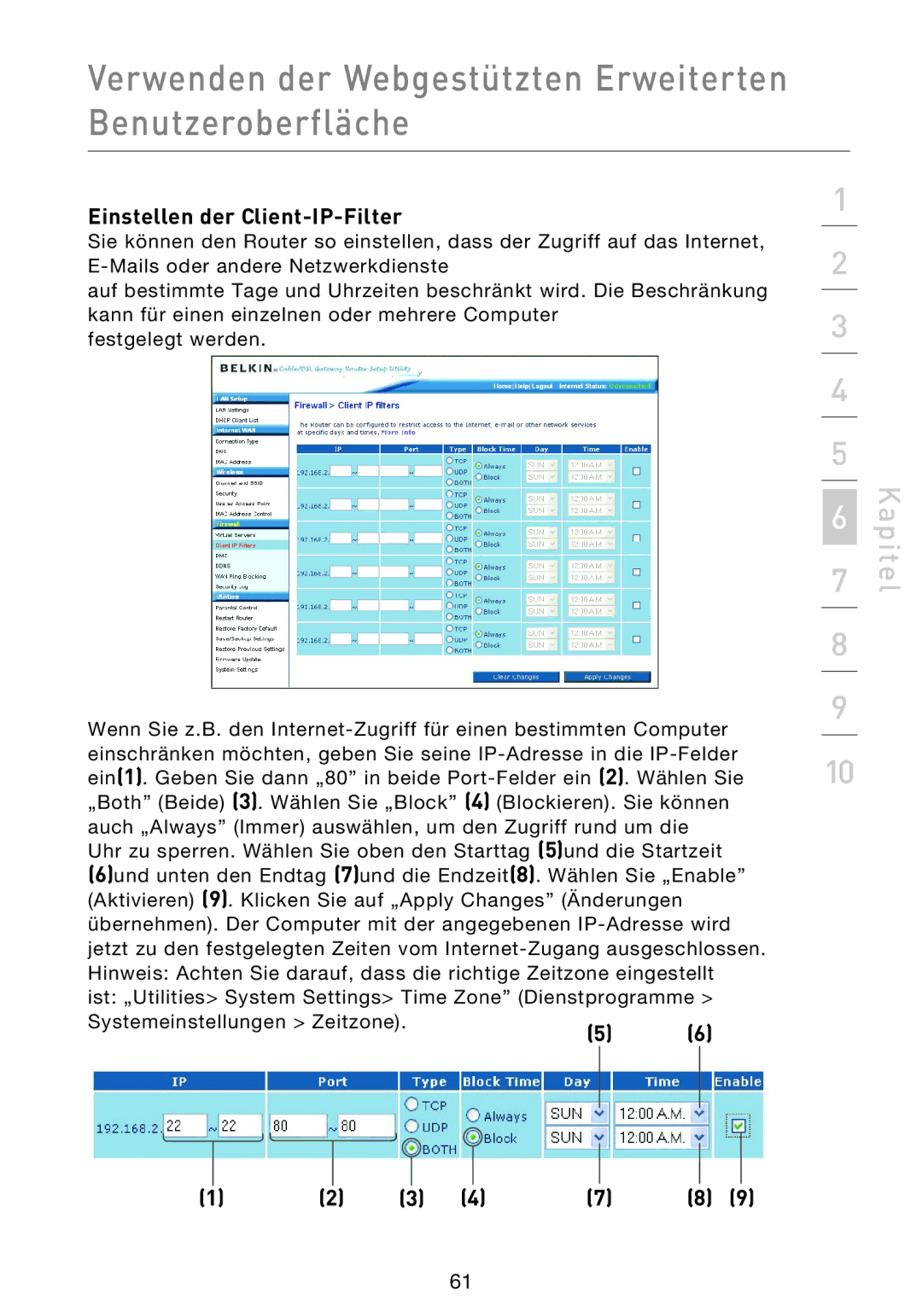 Belkin F5D9230UK4 user manual Einstellen der Client-IP-Filter 