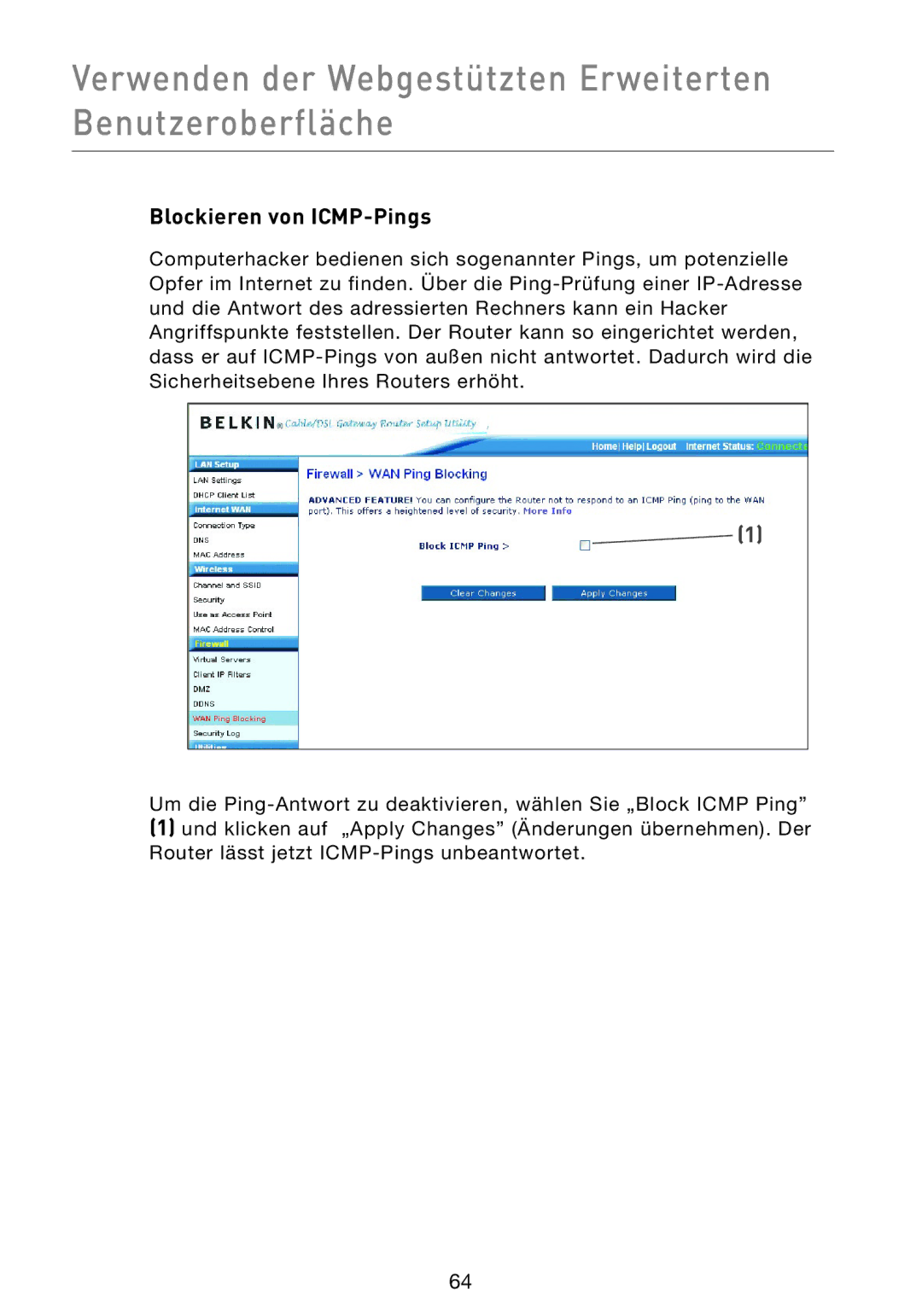 Belkin F5D9230UK4 user manual Blockieren von ICMP-Pings 