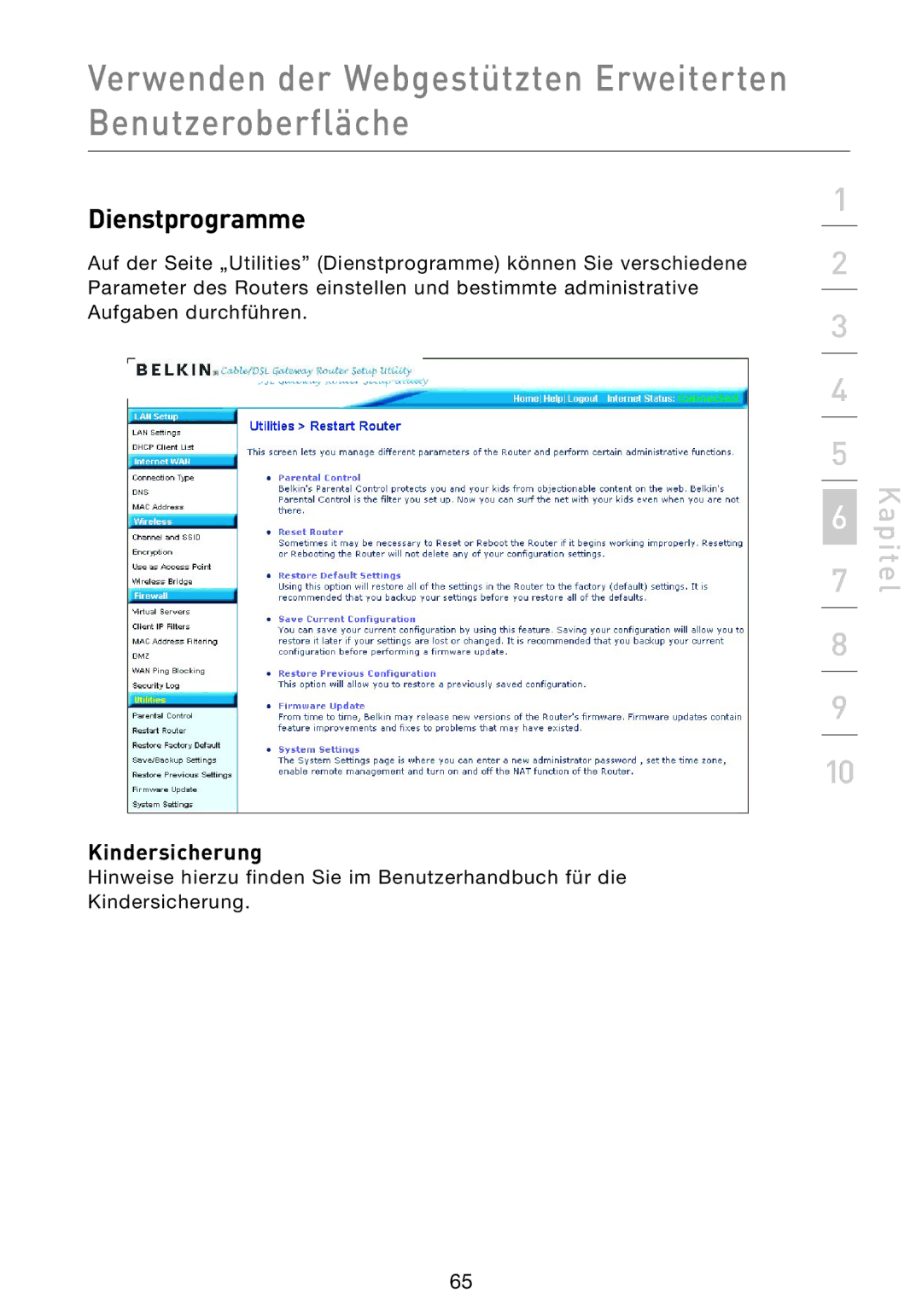 Belkin F5D9230UK4 user manual Dienstprogramme, Kindersicherung 