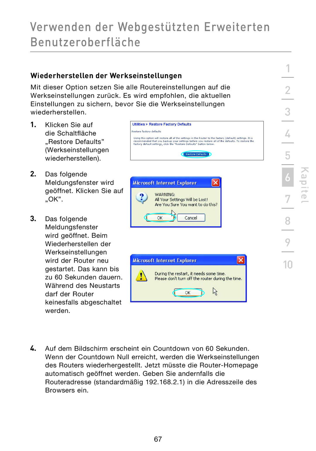 Belkin F5D9230UK4 user manual Wiederherstellen der Werkseinstellungen 