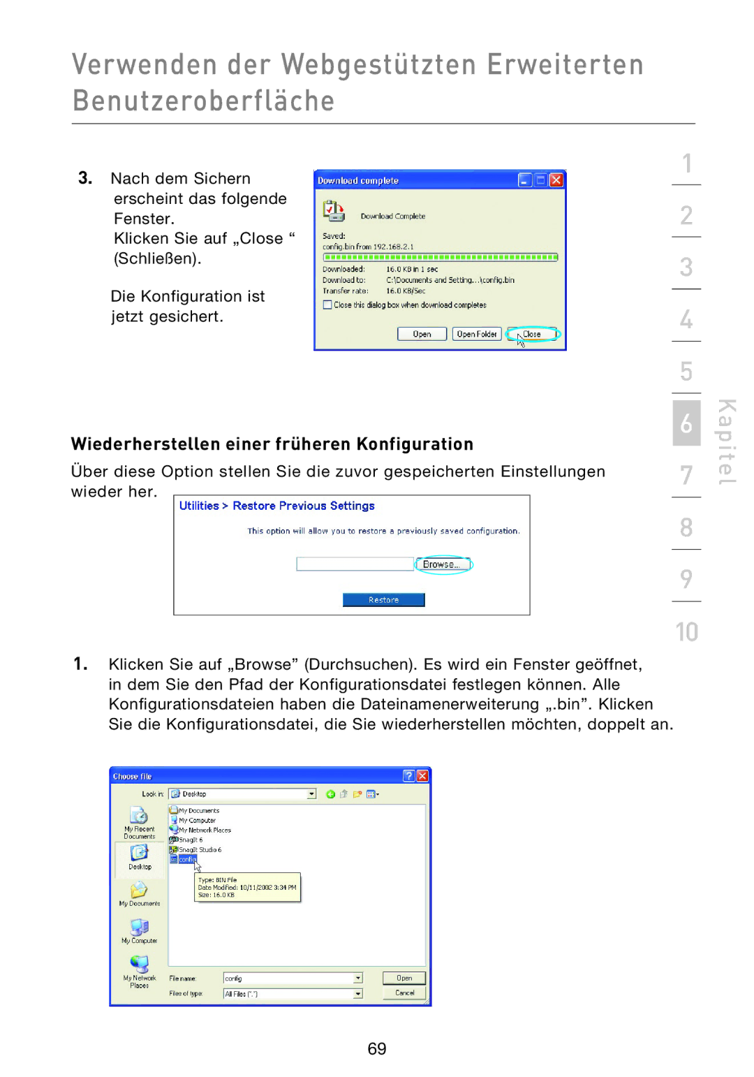 Belkin F5D9230UK4 user manual Wiederherstellen einer früheren Konfiguration 