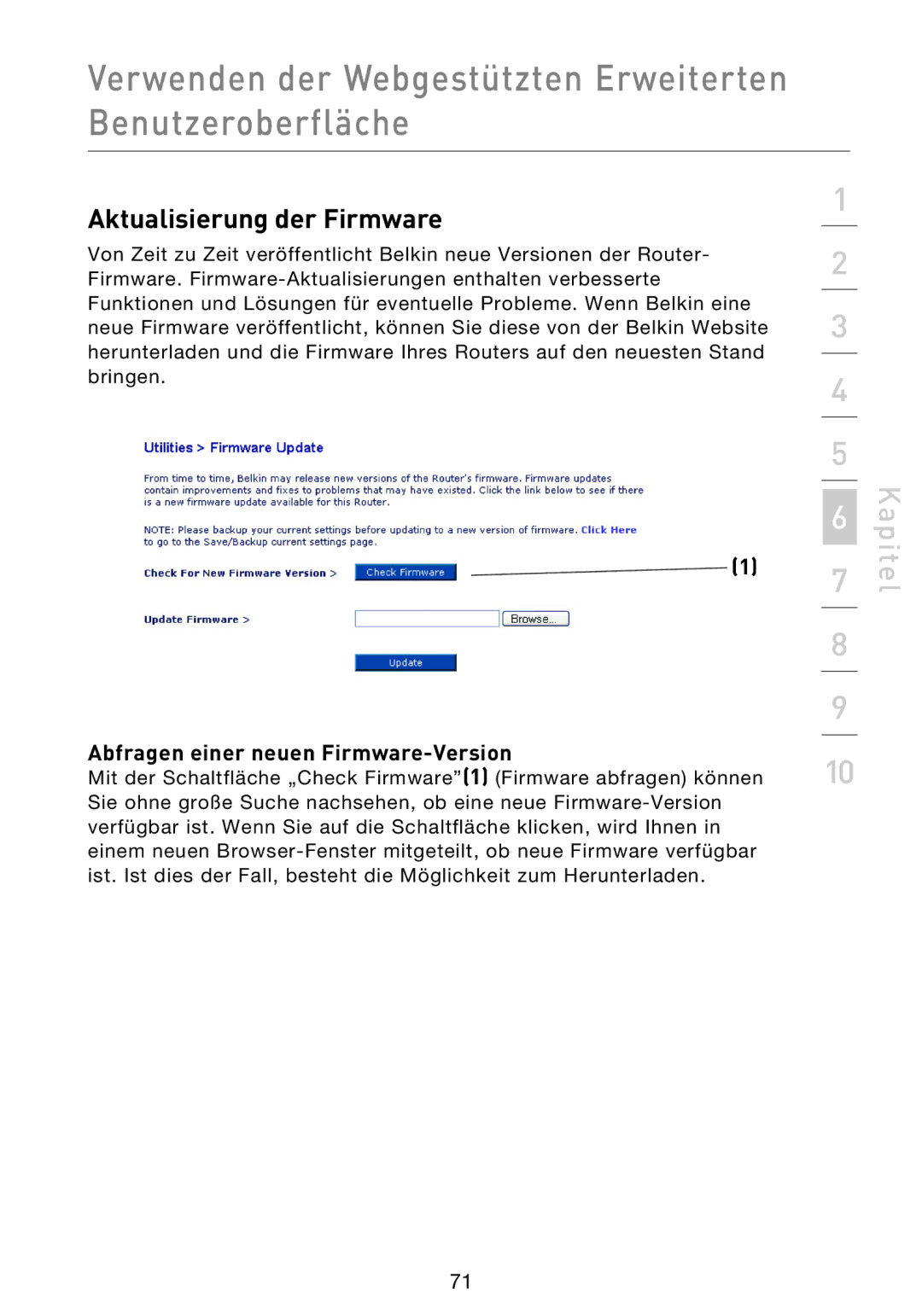 Belkin F5D9230UK4 user manual Aktualisierung der Firmware, Abfragen einer neuen Firmware-Version 