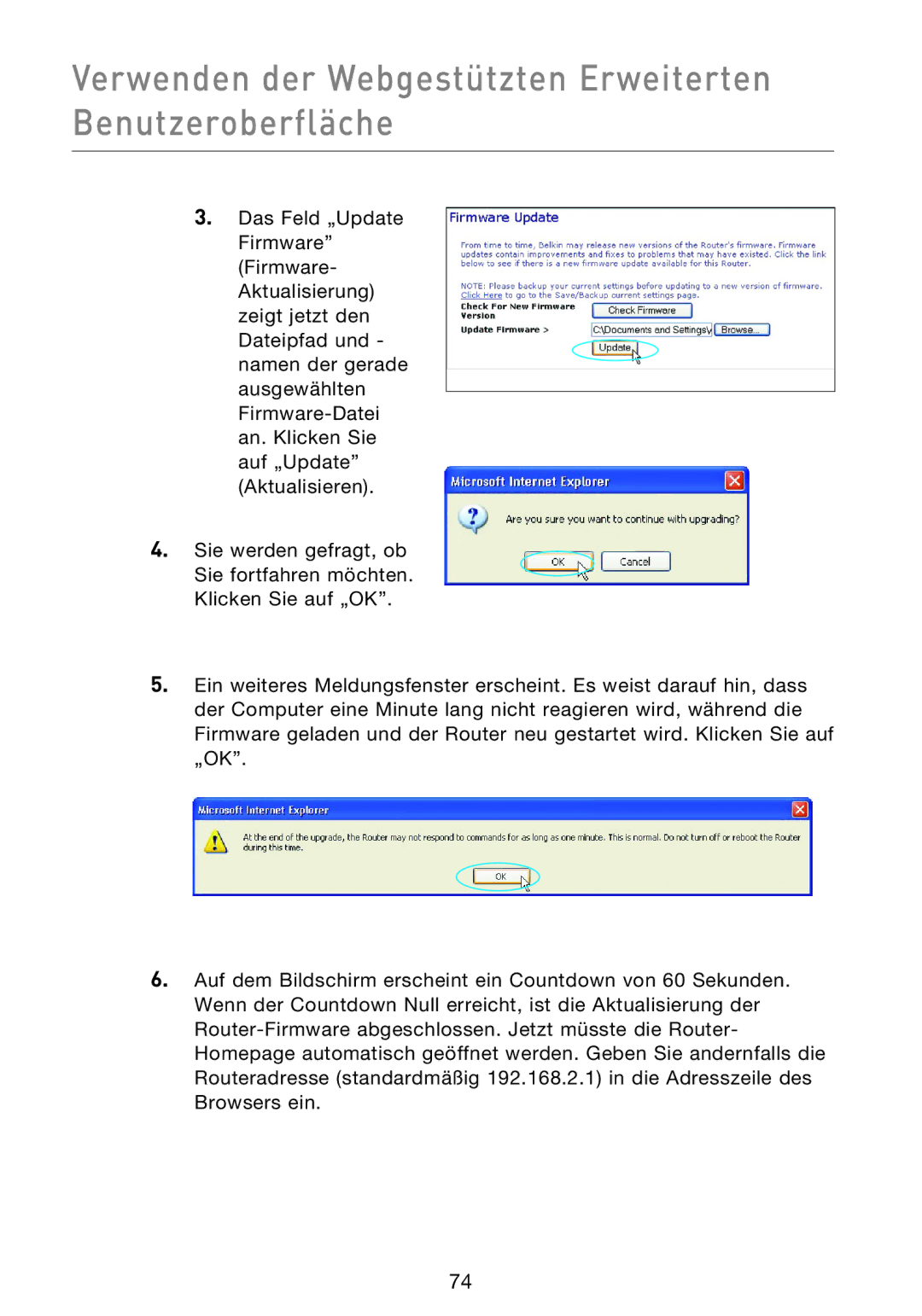 Belkin F5D9230UK4 user manual Verwenden der Webgestützten Erweiterten Benutzeroberfläche 