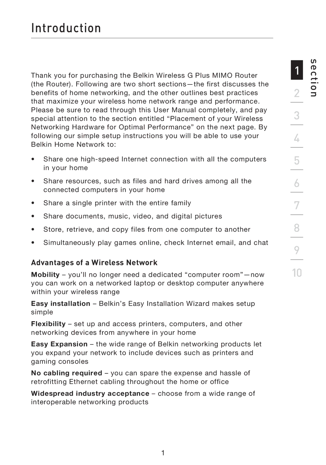 Belkin F5D9230UK4 user manual Introduction, Advantages of a Wireless Network 