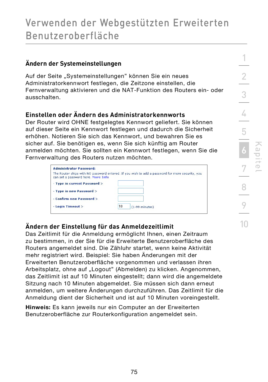 Belkin F5D9230UK4 user manual Ändern der Systemeinstellungen, Einstellen oder Ändern des Administratorkennworts 