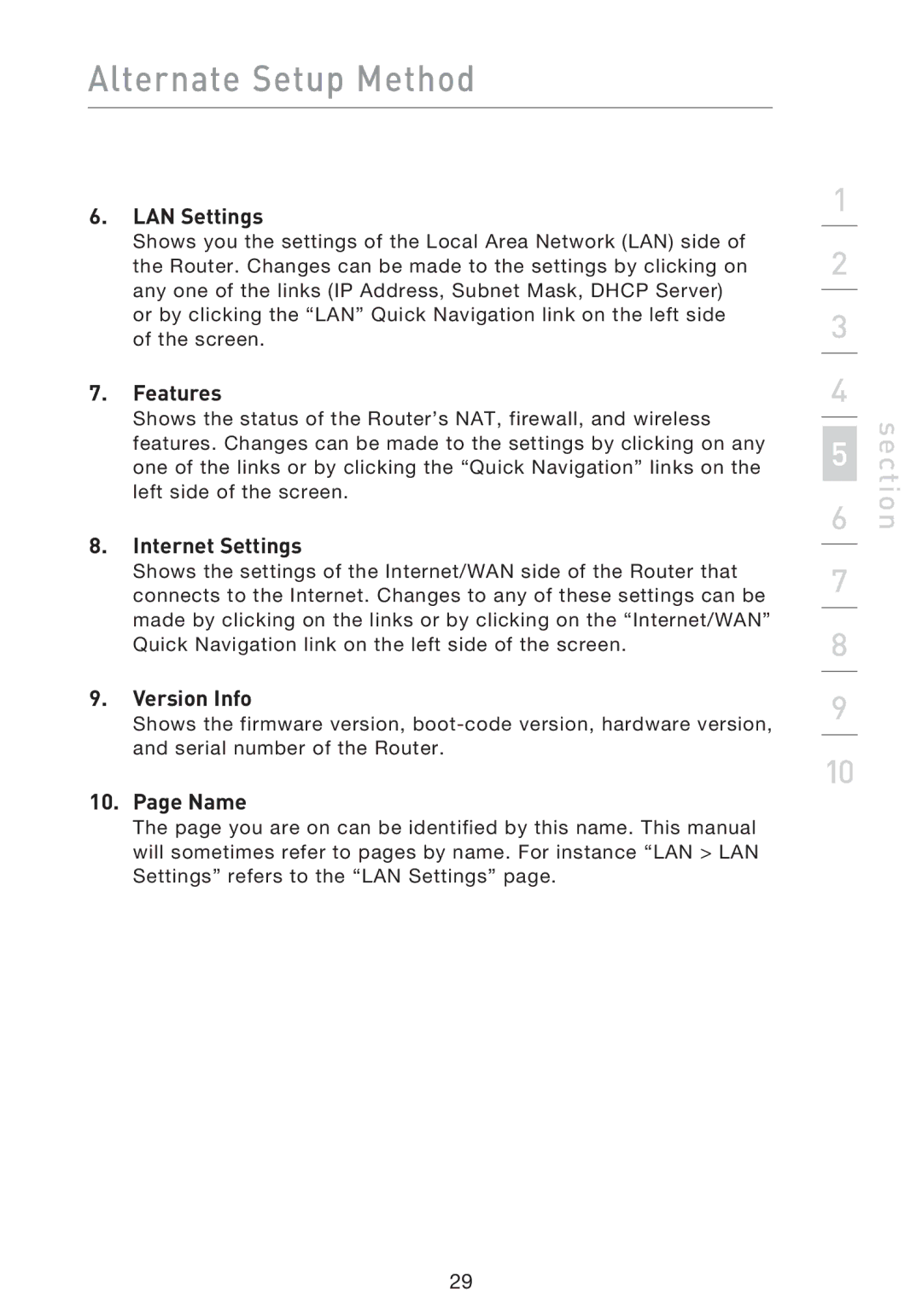 Belkin F5D9230UK4 user manual LAN Settings, Features, Internet Settings, Version Info, Name 