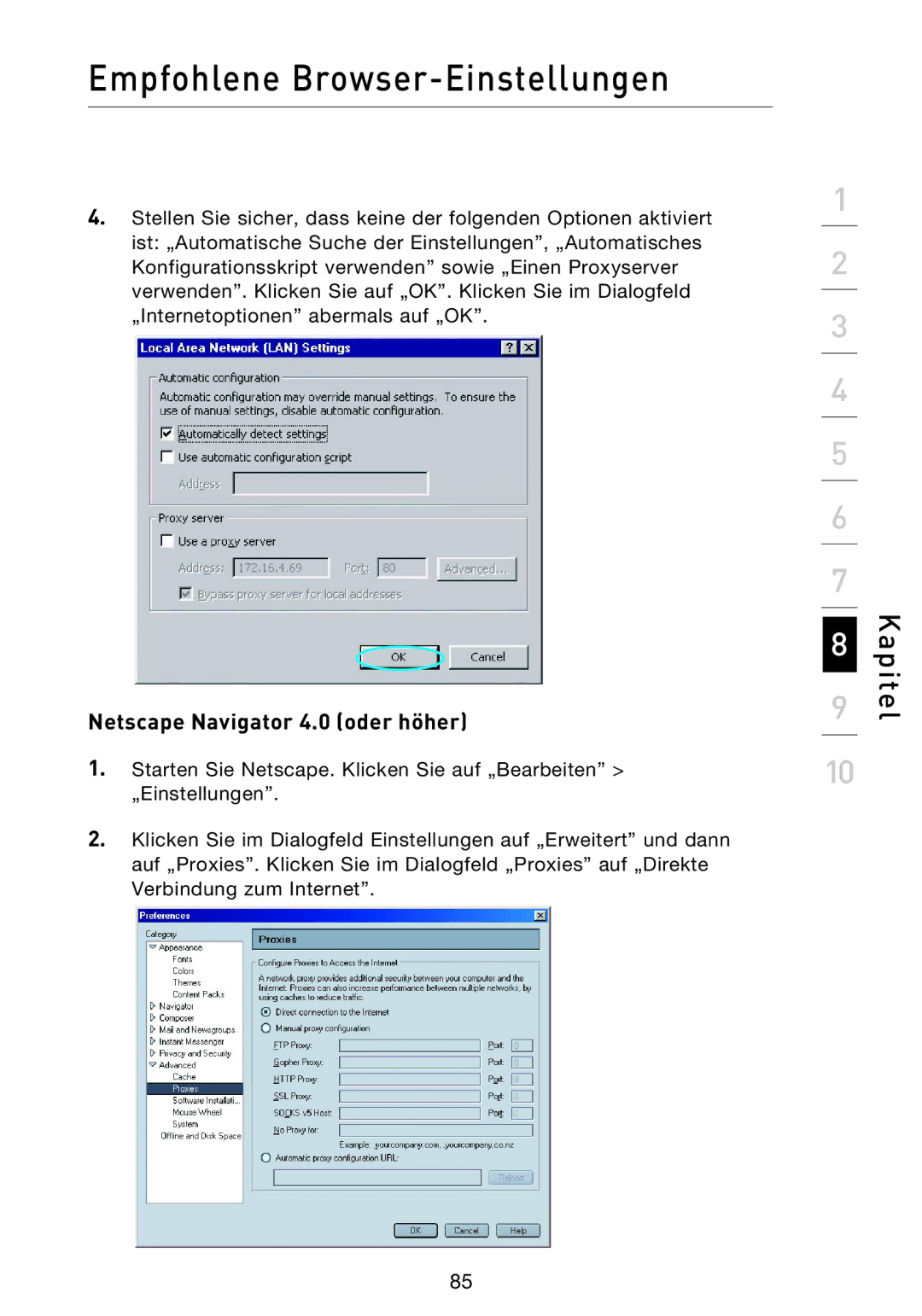 Belkin F5D9230UK4 user manual Netscape Navigator 4.0 oder höher 