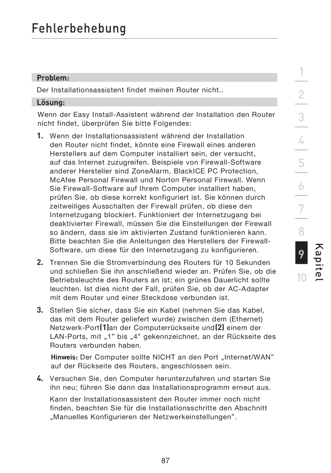 Belkin F5D9230UK4 user manual Der Installationsassistent findet meinen Router nicht 