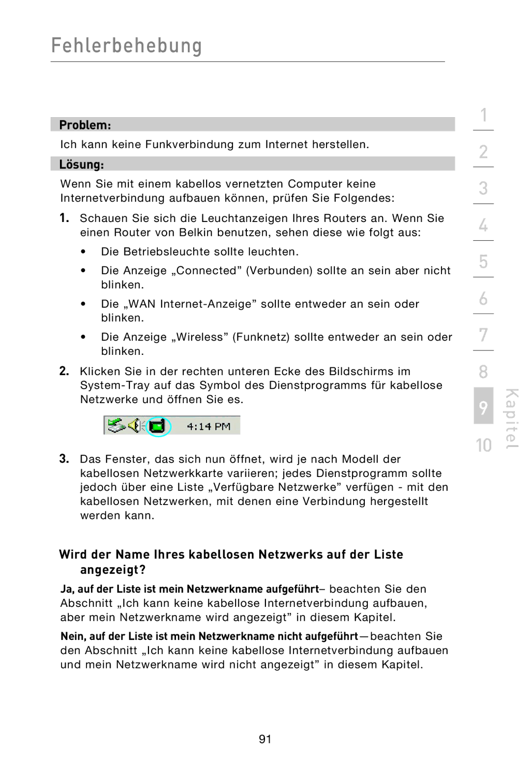 Belkin F5D9230UK4 user manual Ich kann keine Funkverbindung zum Internet herstellen 