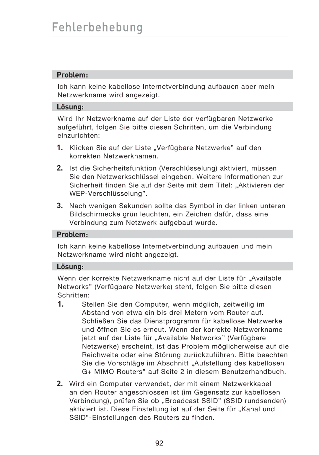 Belkin F5D9230UK4 user manual Fehlerbehebung 