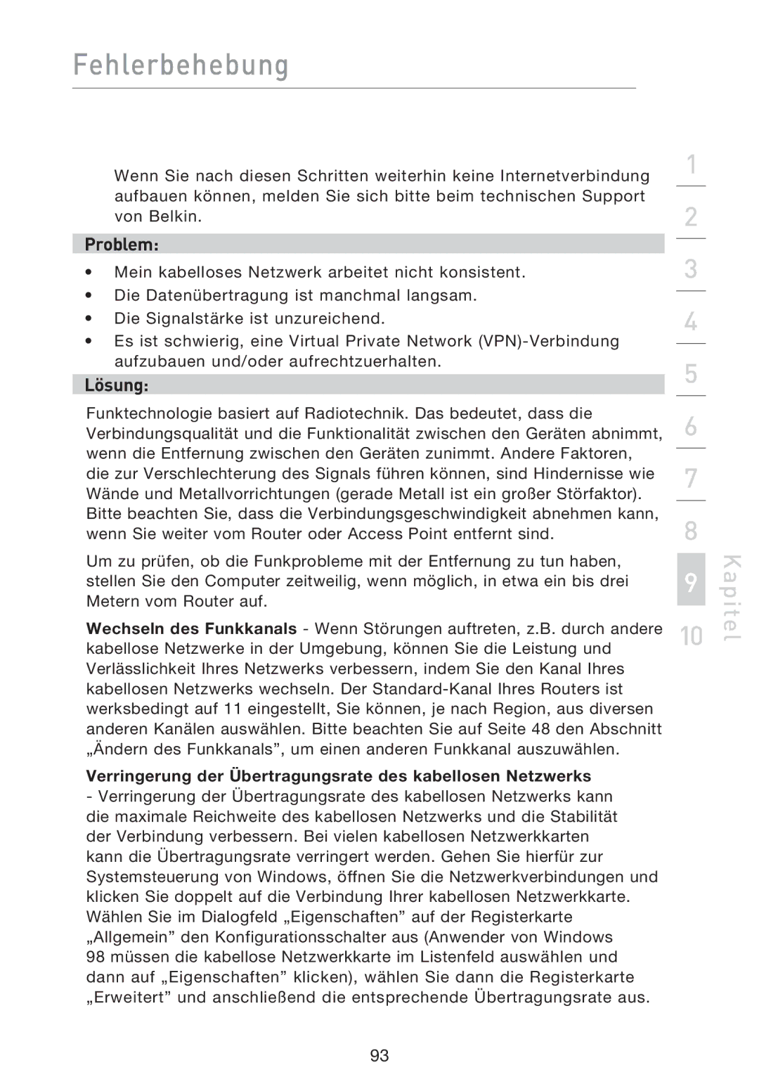 Belkin F5D9230UK4 user manual Verringerung der Übertragungsrate des kabellosen Netzwerks 