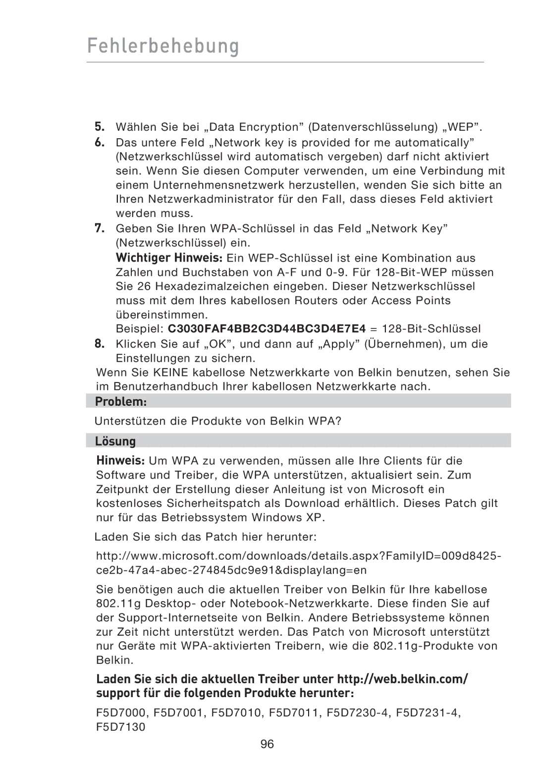 Belkin F5D9230UK4 user manual Unterstützen die Produkte von Belkin WPA? 