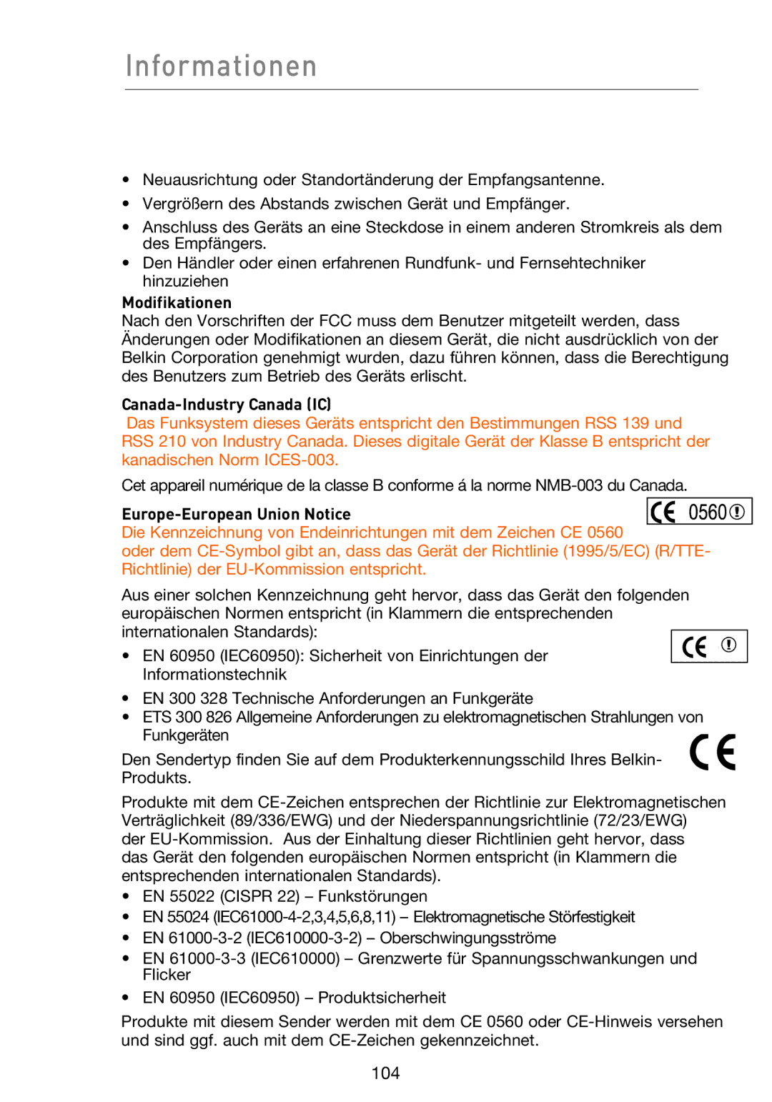 Belkin F5D9230UK4 user manual Informationen, Modifikationen 