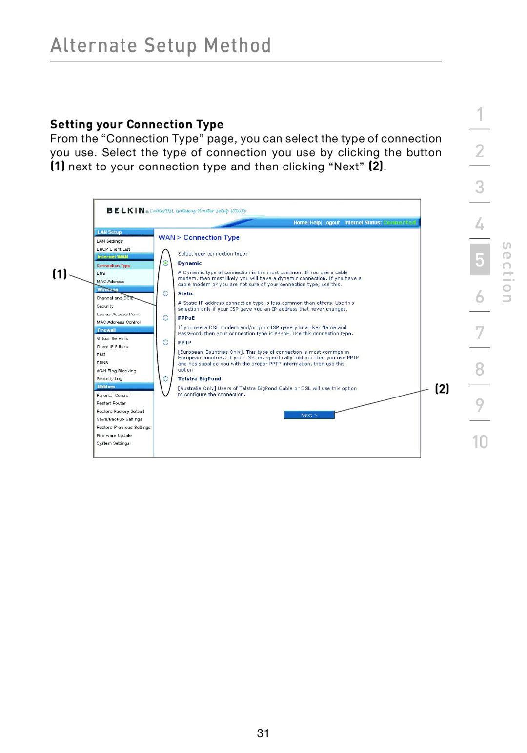 Belkin F5D9230UK4 user manual Setting your Connection Type 