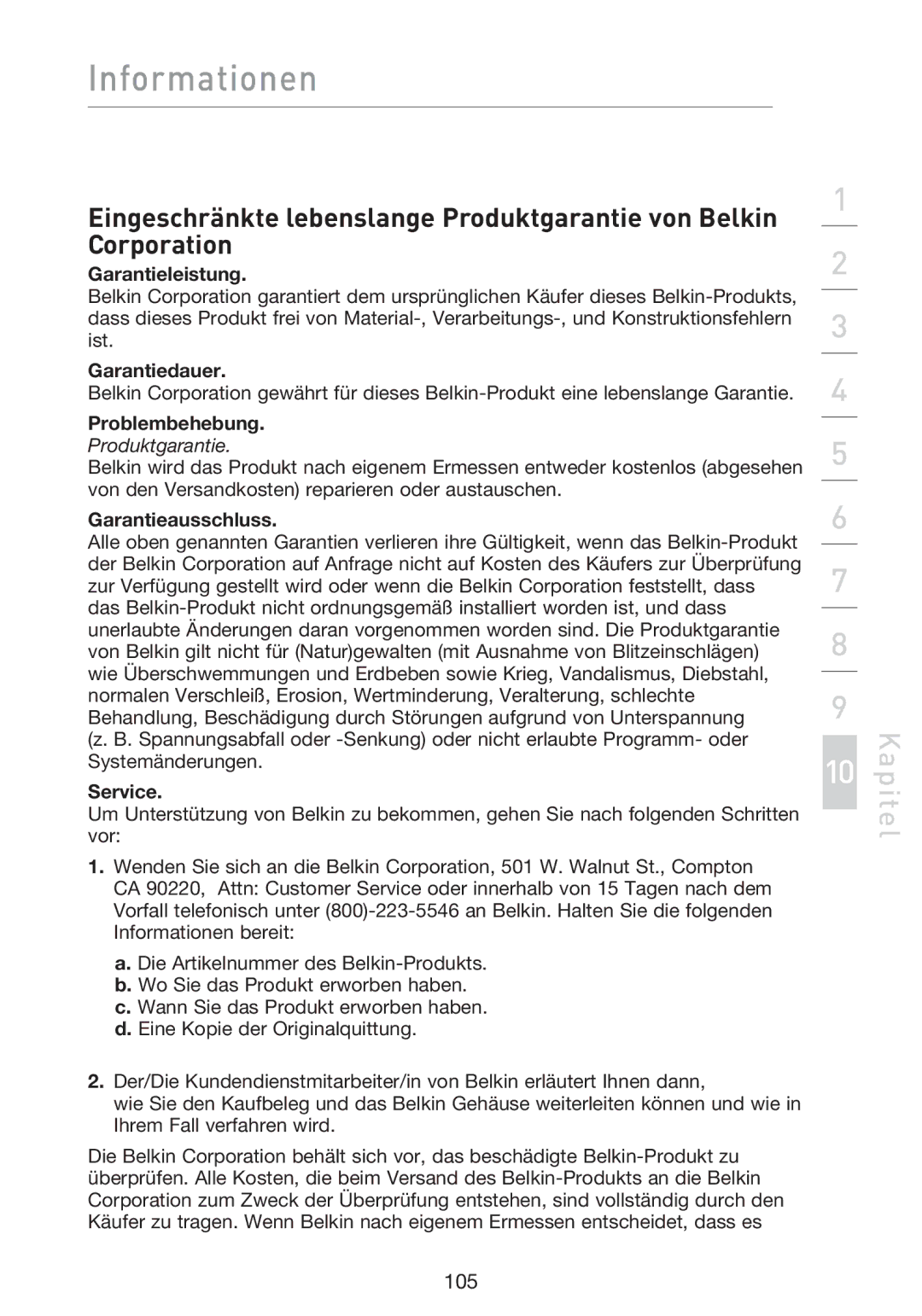 Belkin F5D9230UK4 user manual Garantieleistung, Garantiedauer, Problembehebung, Garantieausschluss, Service 