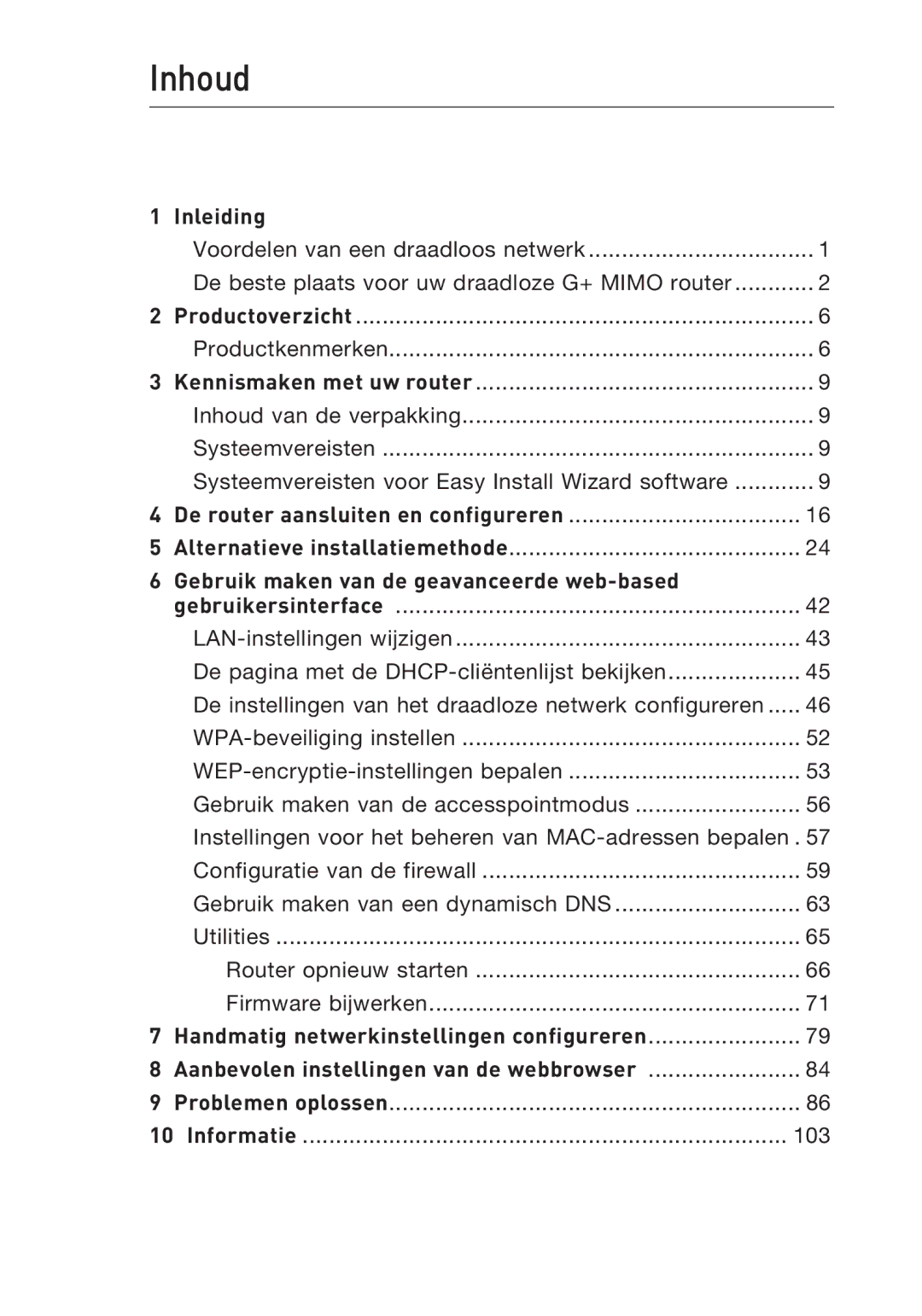 Belkin F5D9230UK4 Inhoud, Inleiding, De router aansluiten en configureren, Gebruik maken van de geavanceerde web-based 