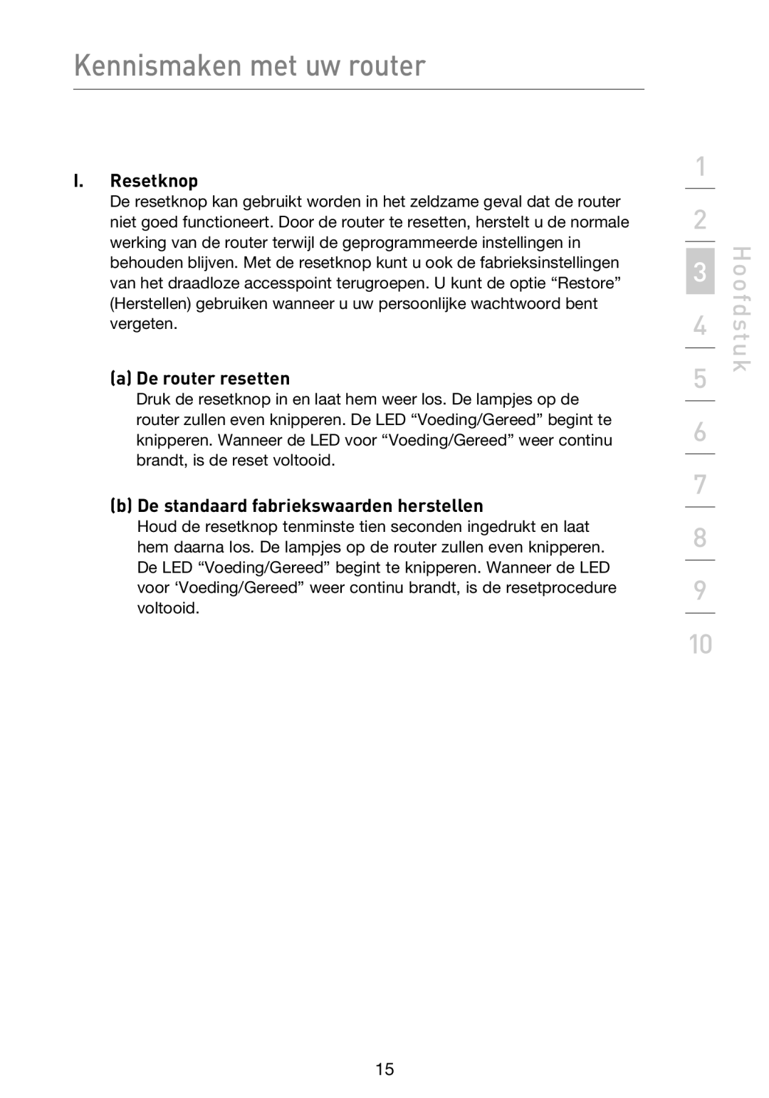 Belkin F5D9230UK4 user manual Resetknop, De router resetten, De standaard fabriekswaarden herstellen 