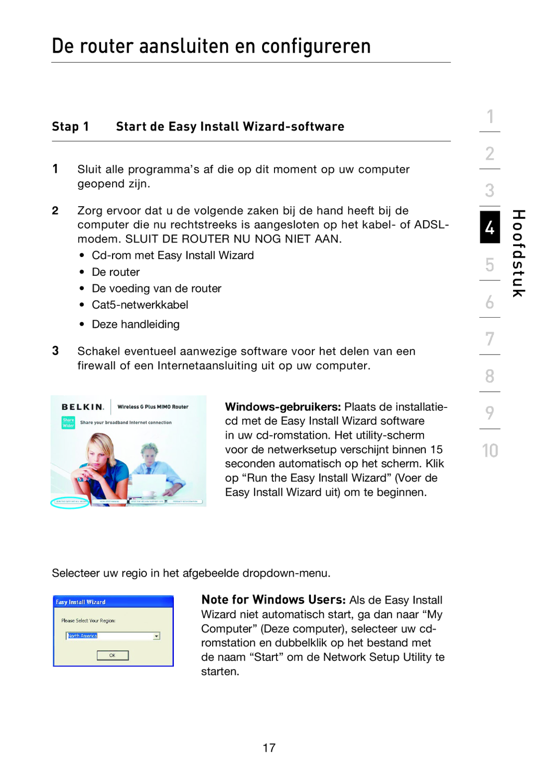 Belkin F5D9230UK4 user manual Stap 1 Start de Easy Install Wizard-software 