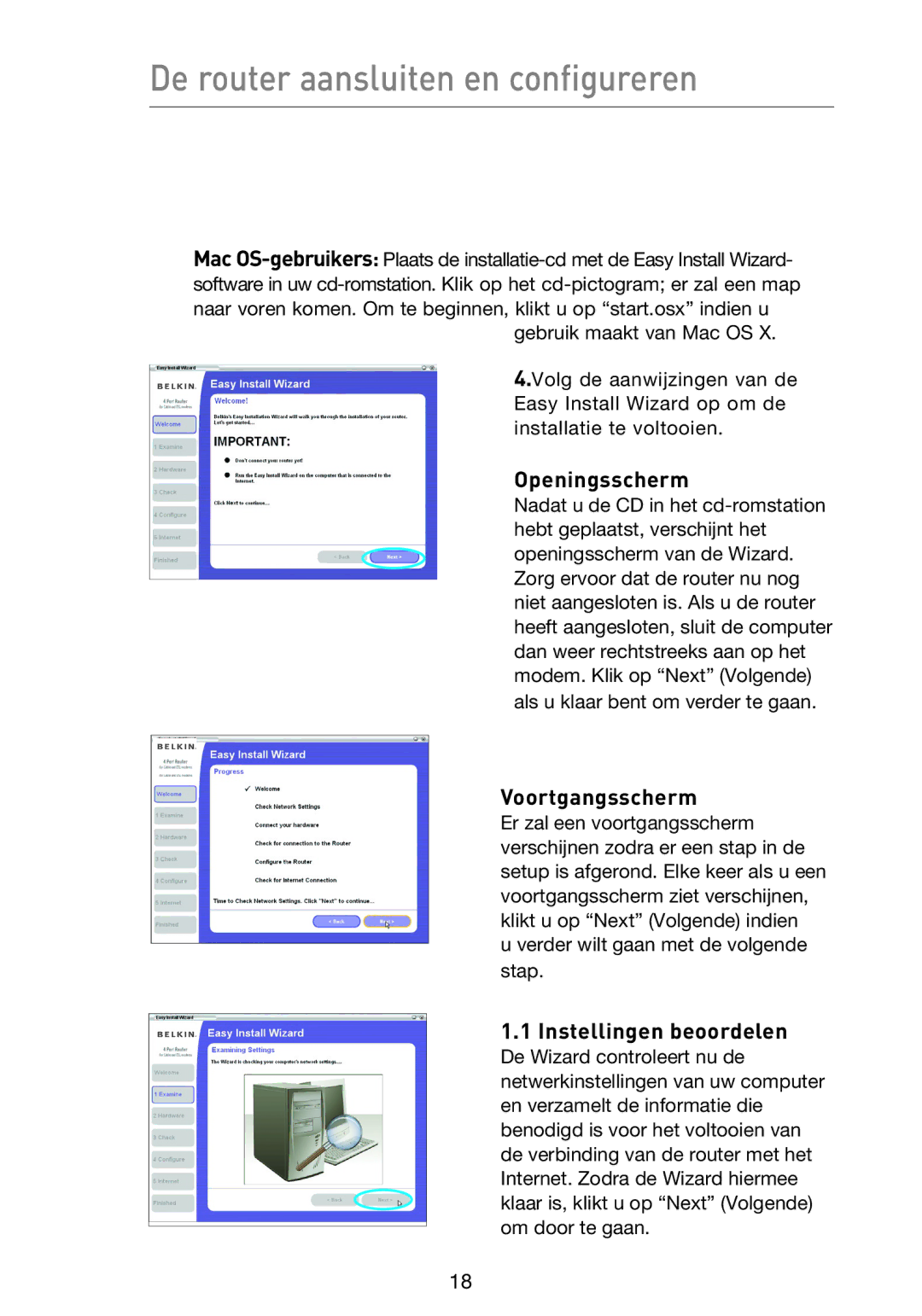 Belkin F5D9230UK4 De router aansluiten en configureren, Openingsscherm, Voortgangsscherm, Instellingen beoordelen 