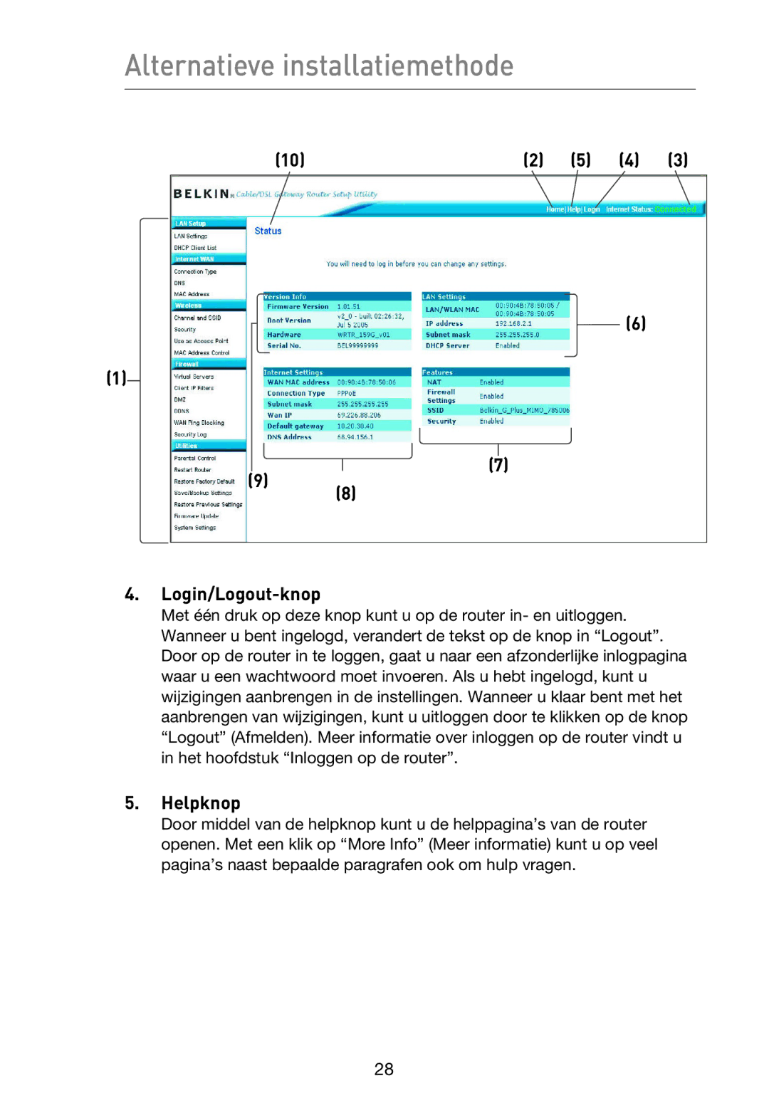 Belkin F5D9230UK4 user manual Login/Logout-knop, Helpknop 