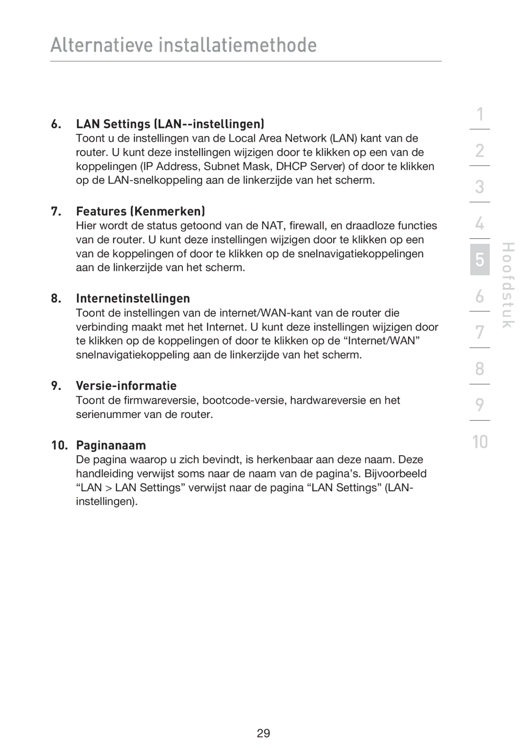 Belkin F5D9230UK4 LAN Settings LAN--instellingen, Features Kenmerken, Internetinstellingen, Versie-informatie, Paginanaam 