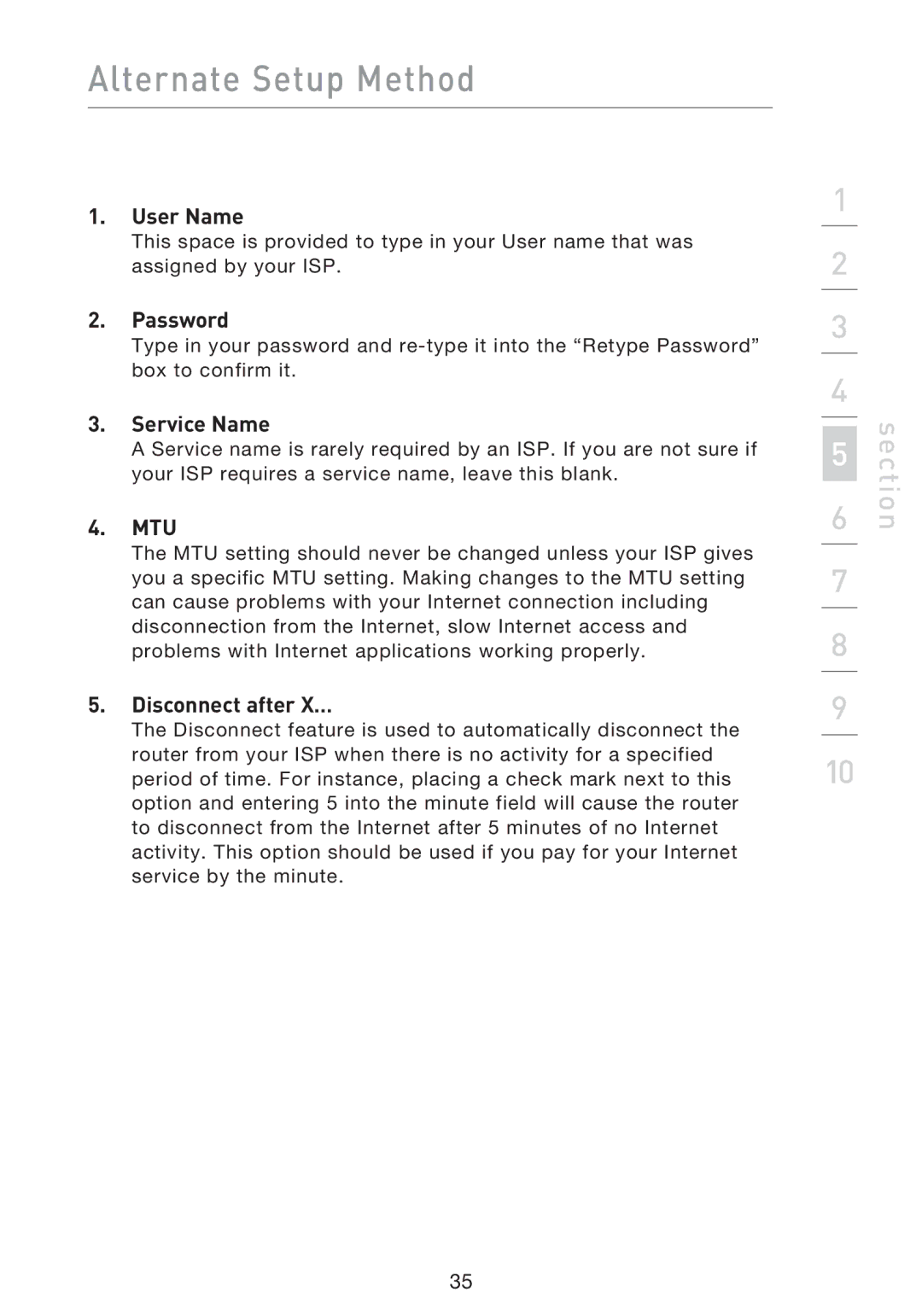 Belkin F5D9230UK4 user manual User Name, Password, Service Name, Mtu, Disconnect after X… 