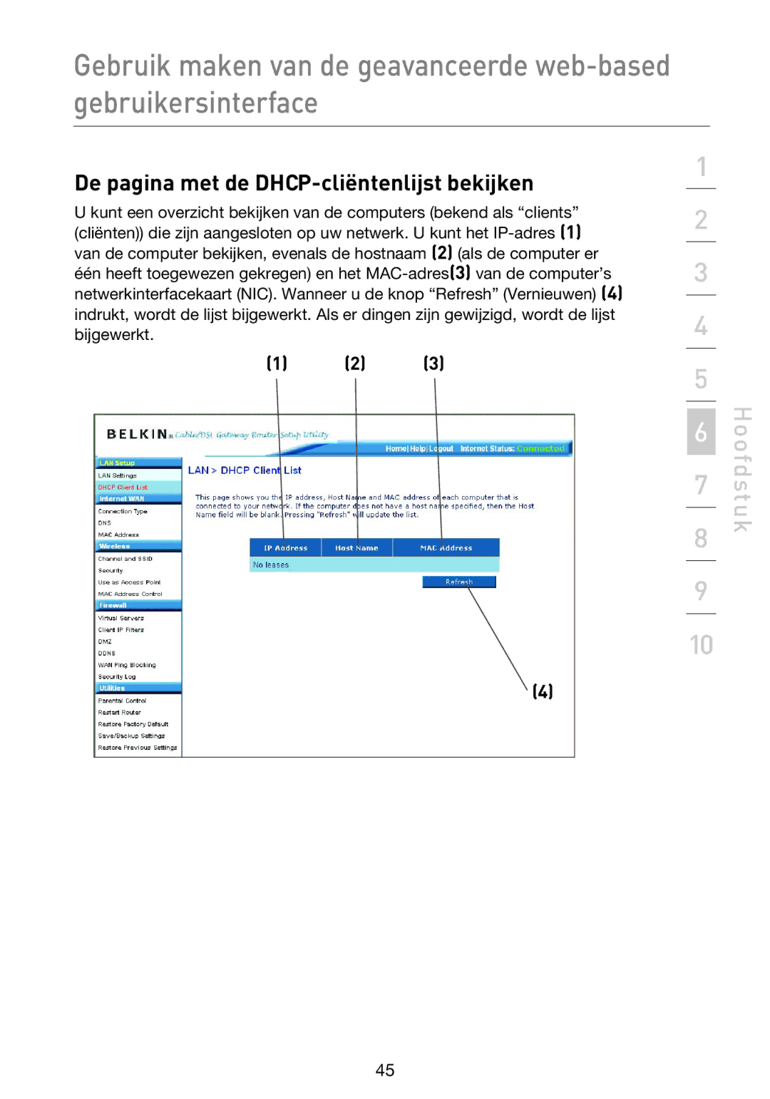 Belkin F5D9230UK4 user manual De pagina met de DHCP-cliëntenlijst bekijken 