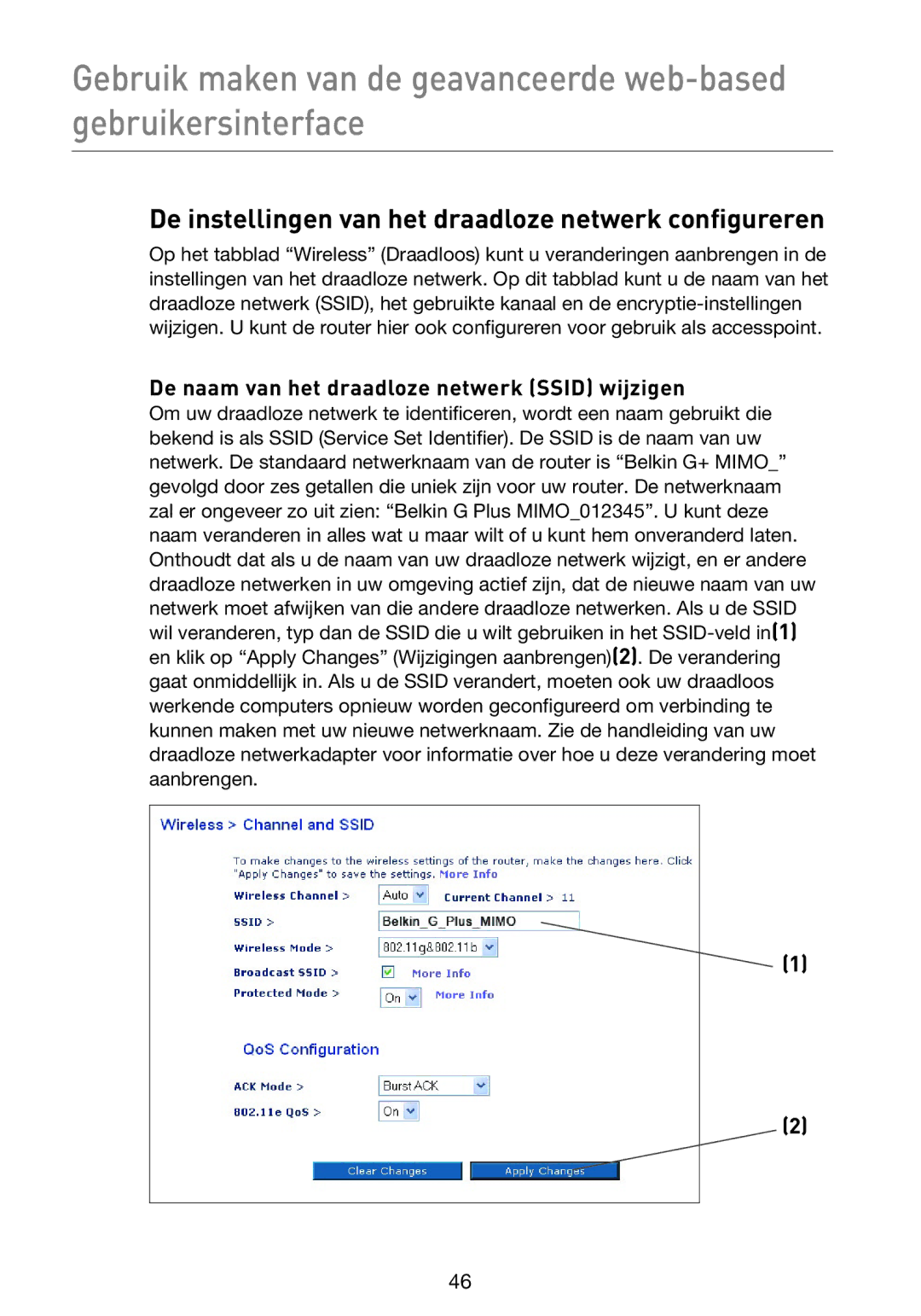 Belkin F5D9230UK4 De instellingen van het draadloze netwerk configureren, De naam van het draadloze netwerk Ssid wijzigen 