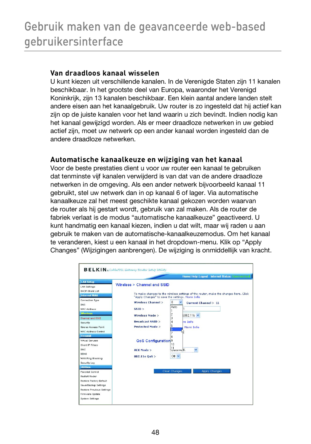 Belkin F5D9230UK4 user manual Van draadloos kanaal wisselen, Automatische kanaalkeuze en wijziging van het kanaal 