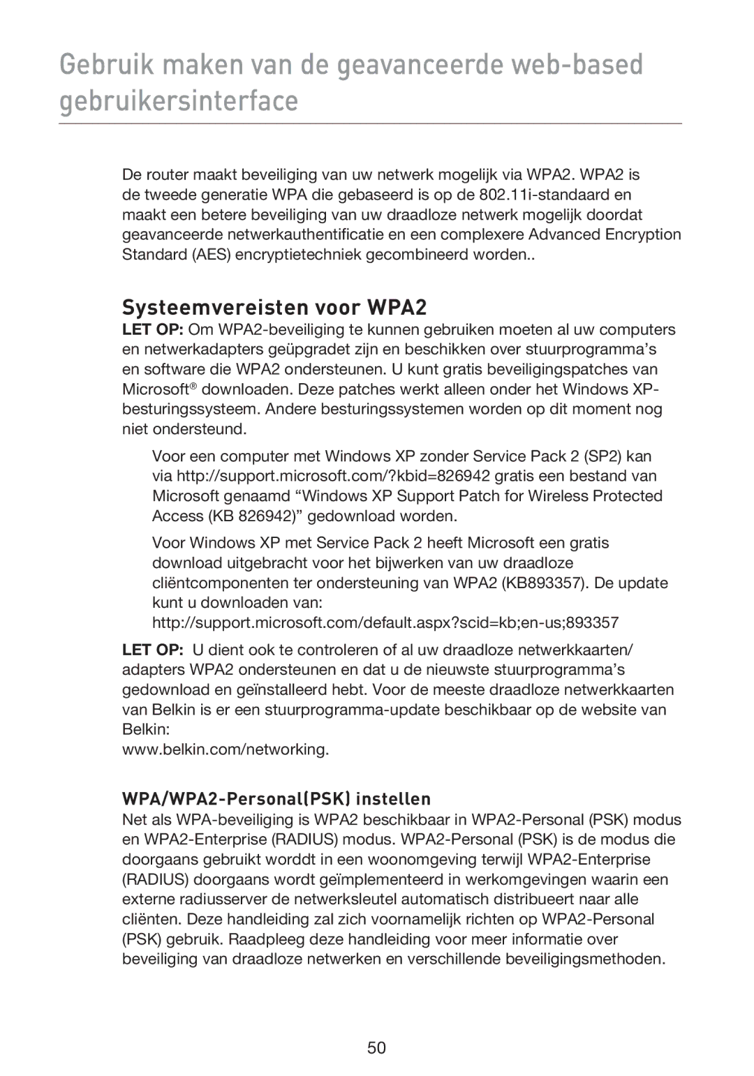 Belkin F5D9230UK4 user manual Systeemvereisten voor WPA2, WPA/WPA2-PersonalPSK instellen 