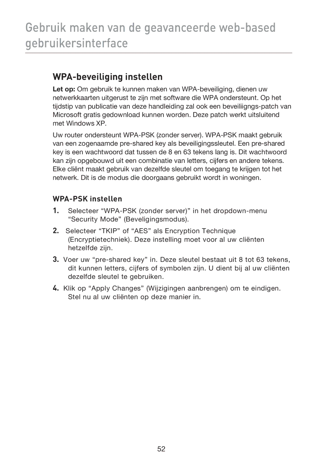 Belkin F5D9230UK4 user manual WPA-beveiliging instellen, WPA-PSK instellen 