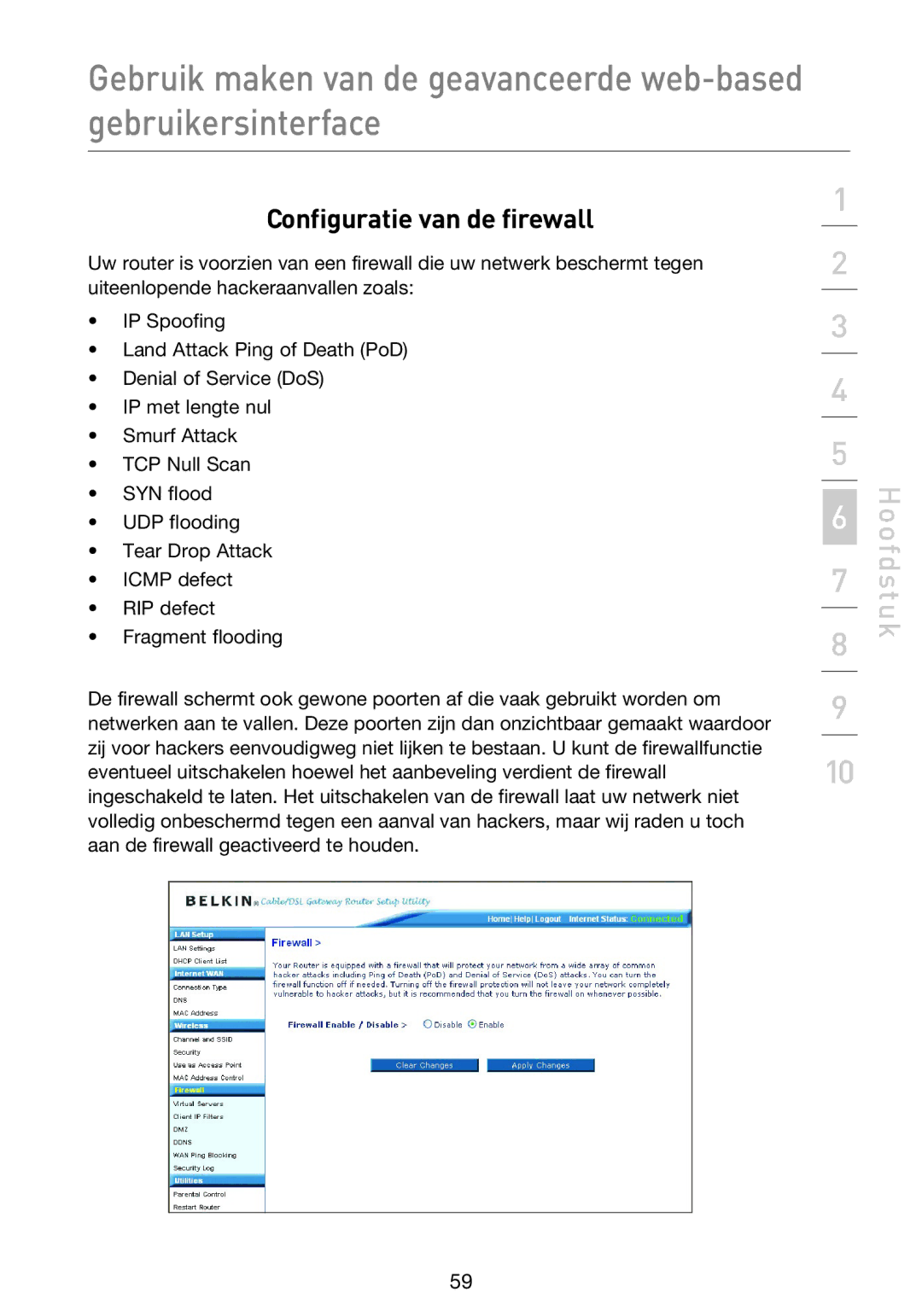 Belkin F5D9230UK4 user manual Configuratie van de firewall 