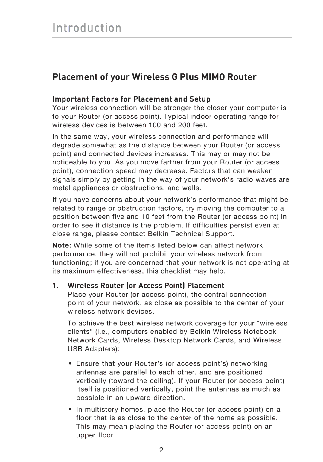 Belkin F5D9230UK4 Introduction, Placement of your Wireless G Plus Mimo Router, Important Factors for Placement and Setup 