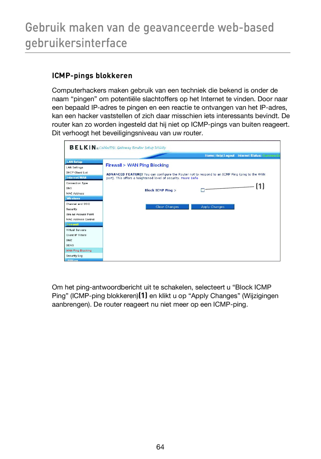 Belkin F5D9230UK4 user manual ICMP-pings blokkeren 