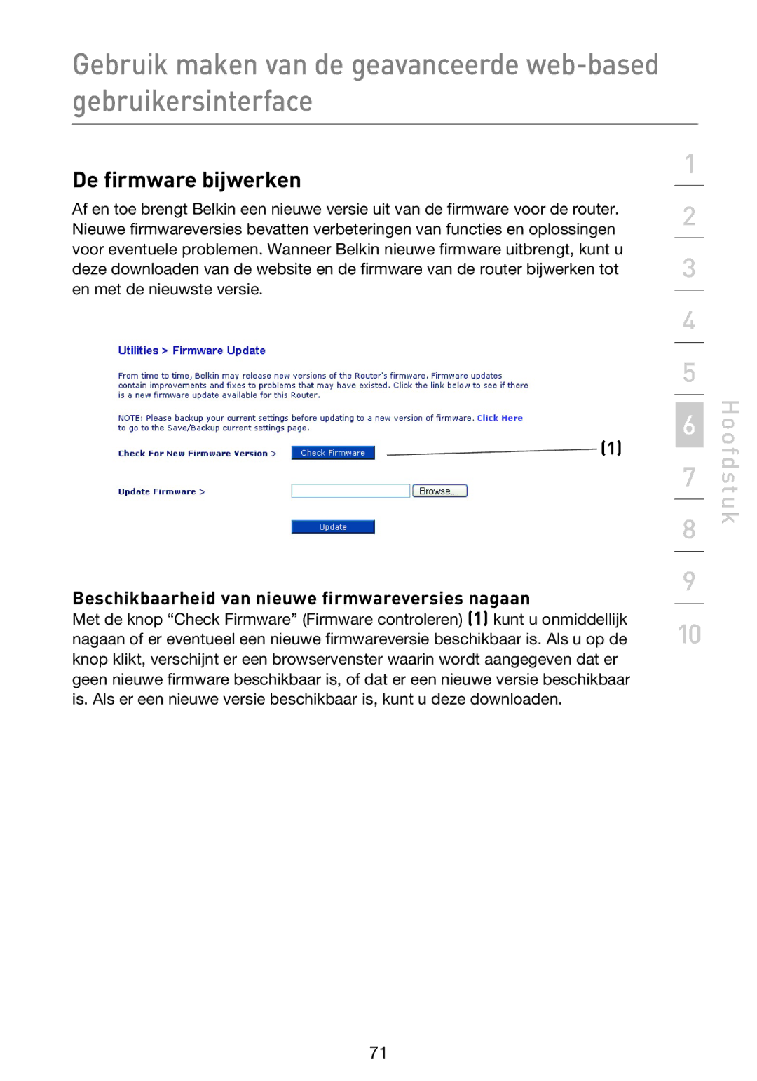 Belkin F5D9230UK4 user manual De firmware bijwerken, Beschikbaarheid van nieuwe firmwareversies nagaan 