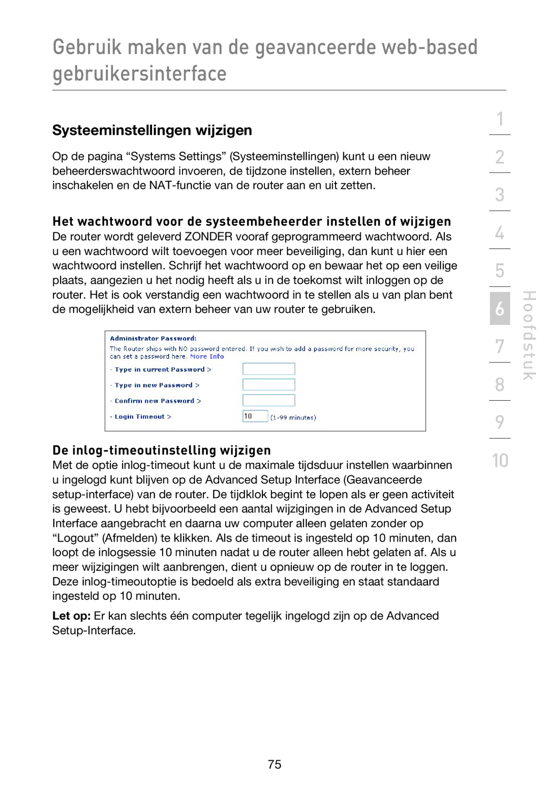 Belkin F5D9230UK4 user manual Systeeminstellingen wijzigen, De inlog-timeoutinstelling wijzigen 