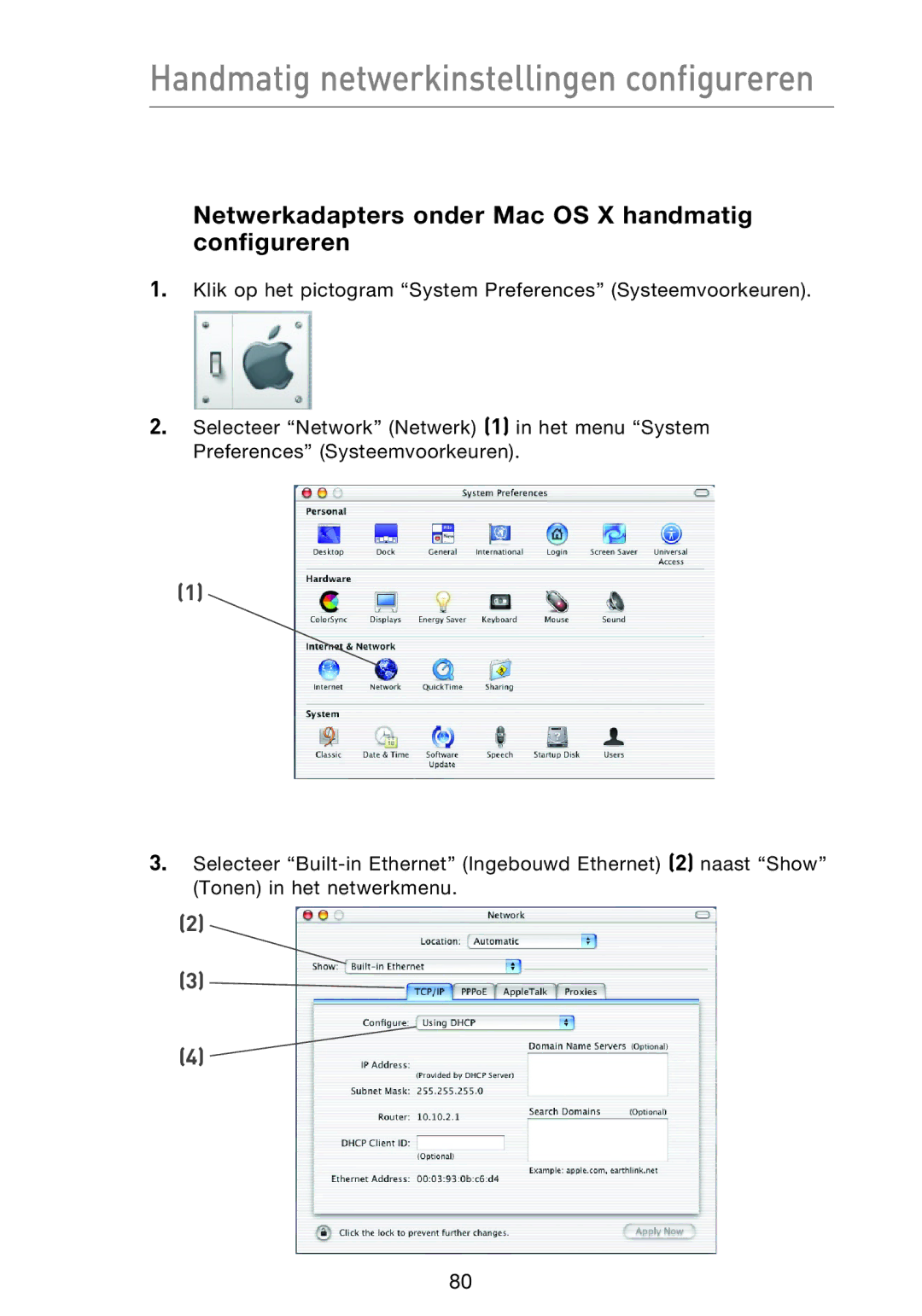 Belkin F5D9230UK4 Handmatig netwerkinstellingen configureren, Netwerkadapters onder Mac OS X handmatig configureren 