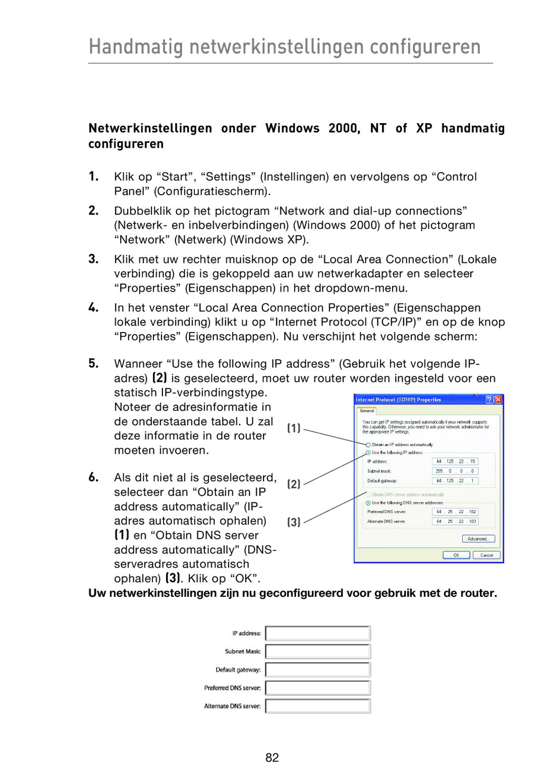 Belkin F5D9230UK4 user manual Handmatig netwerkinstellingen configureren 