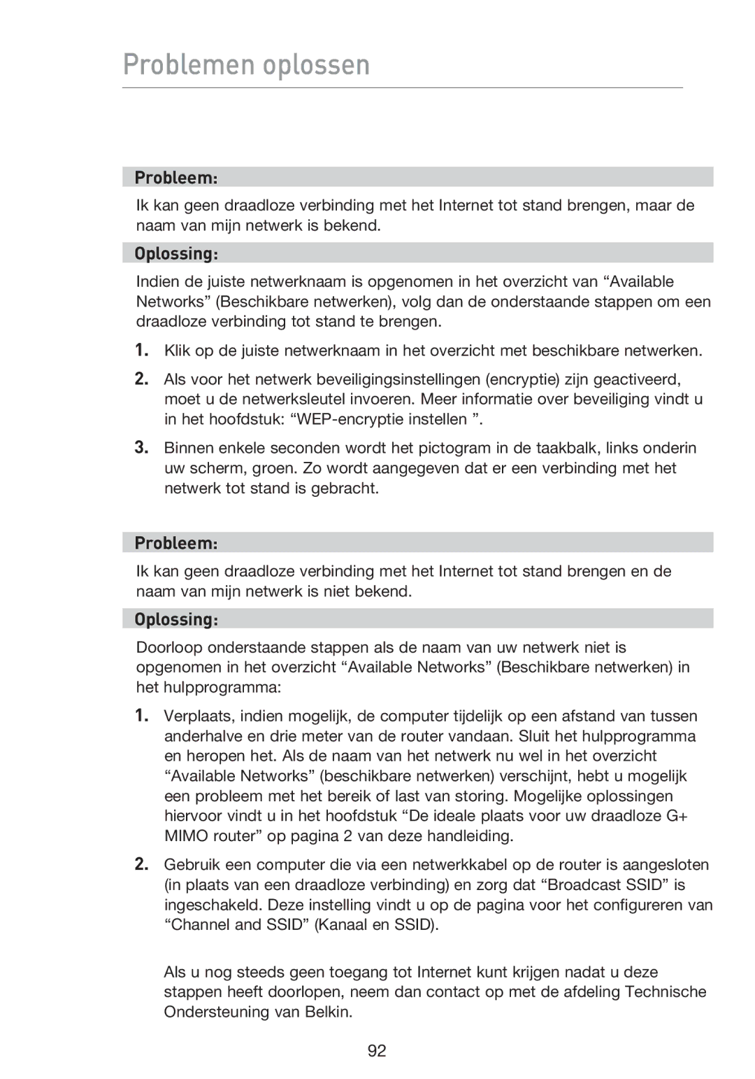 Belkin F5D9230UK4 user manual Problemen oplossen 