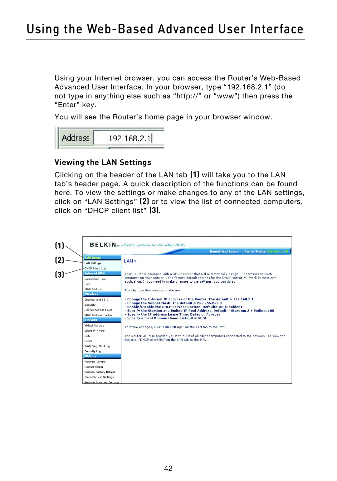 Belkin F5D9230UK4 user manual Using the Web-Based Advanced User Interface, Viewing the LAN Settings 