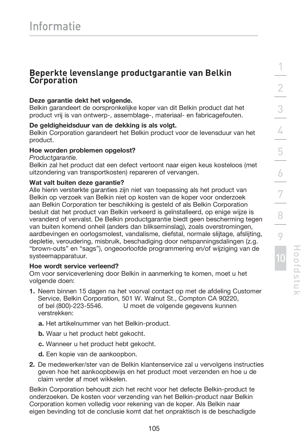 Belkin F5D9230UK4 user manual Beperkte levenslange productgarantie van Belkin Corporation 