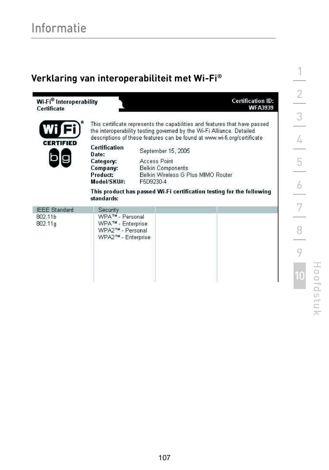 Belkin F5D9230UK4 user manual Verklaring van interoperabiliteit met Wi-Fi 