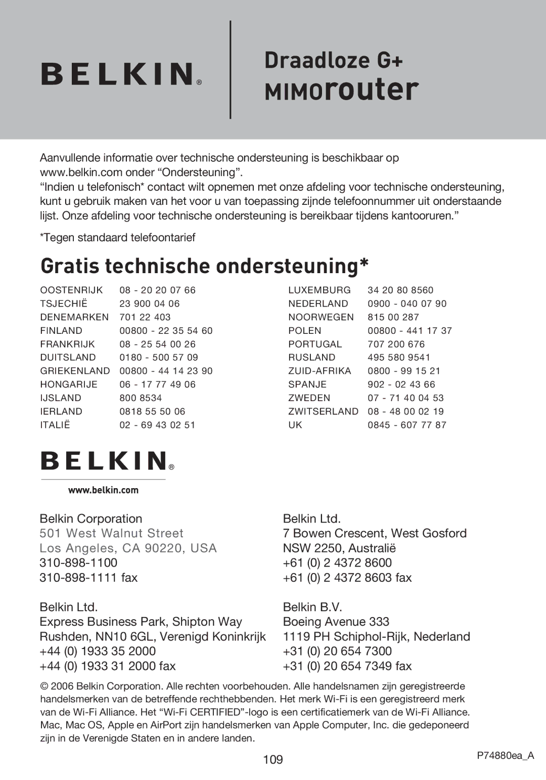 Belkin F5D9230UK4 user manual Gratis technische ondersteuning 