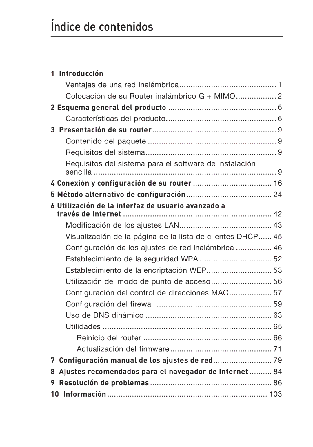 Belkin F5D9230UK4 user manual Índice de contenidos, Introducción, Conexión y configuración de su router 