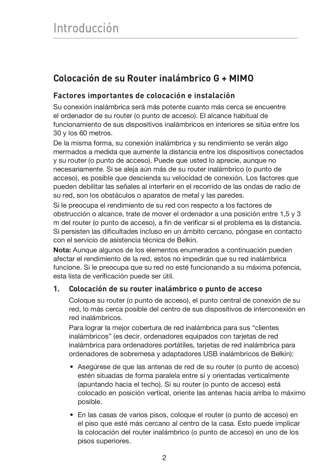 Belkin F5D9230UK4 user manual Introducción, Colocación de su Router inalámbrico G + Mimo 