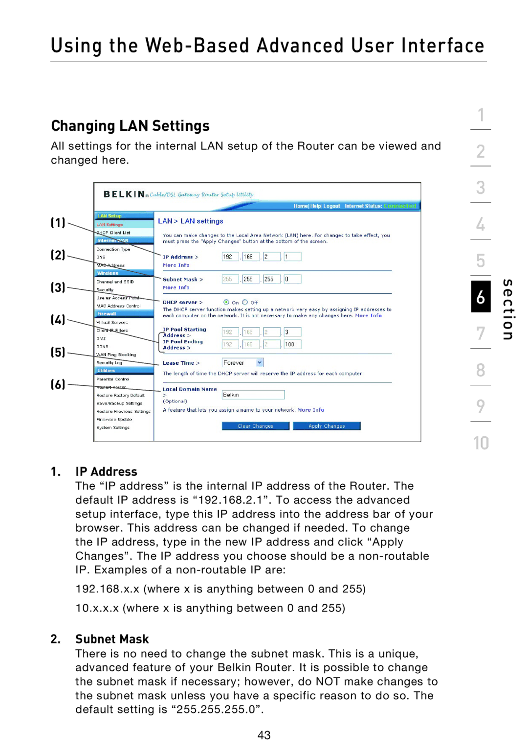 Belkin F5D9230UK4 user manual Changing LAN Settings, IP Address 