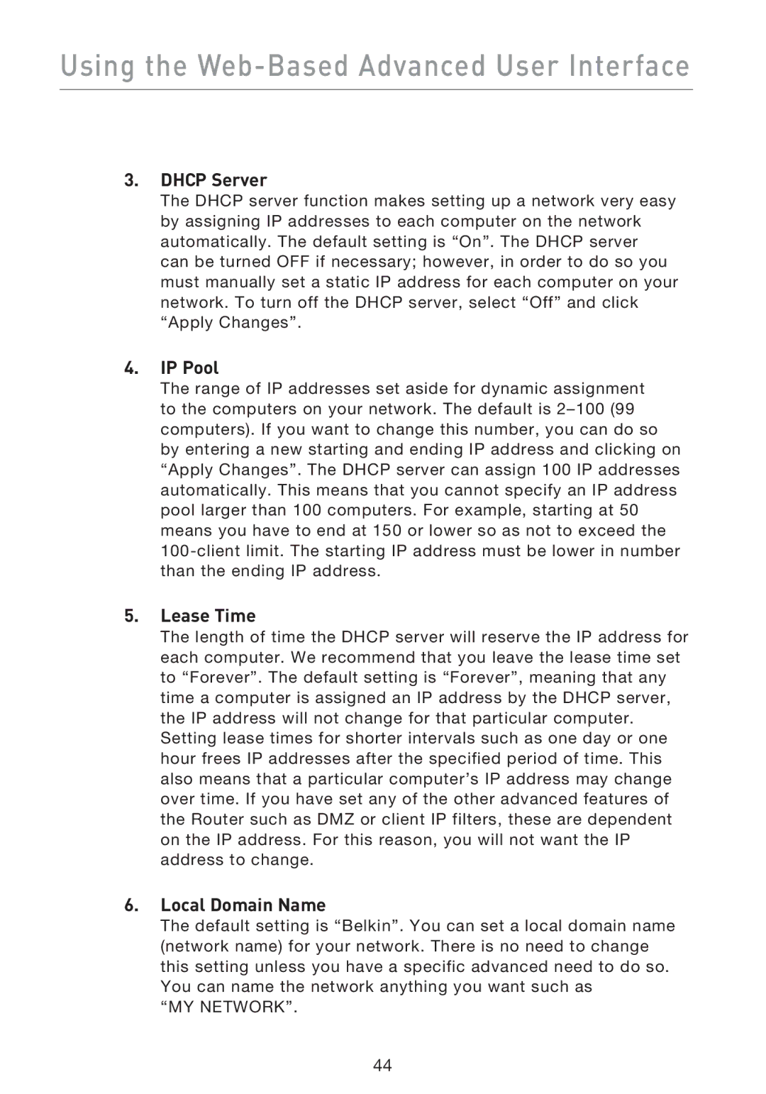Belkin F5D9230UK4 Using the Web-Based Advanced User Interface, Dhcp Server, IP Pool, Lease Time, Local Domain Name 