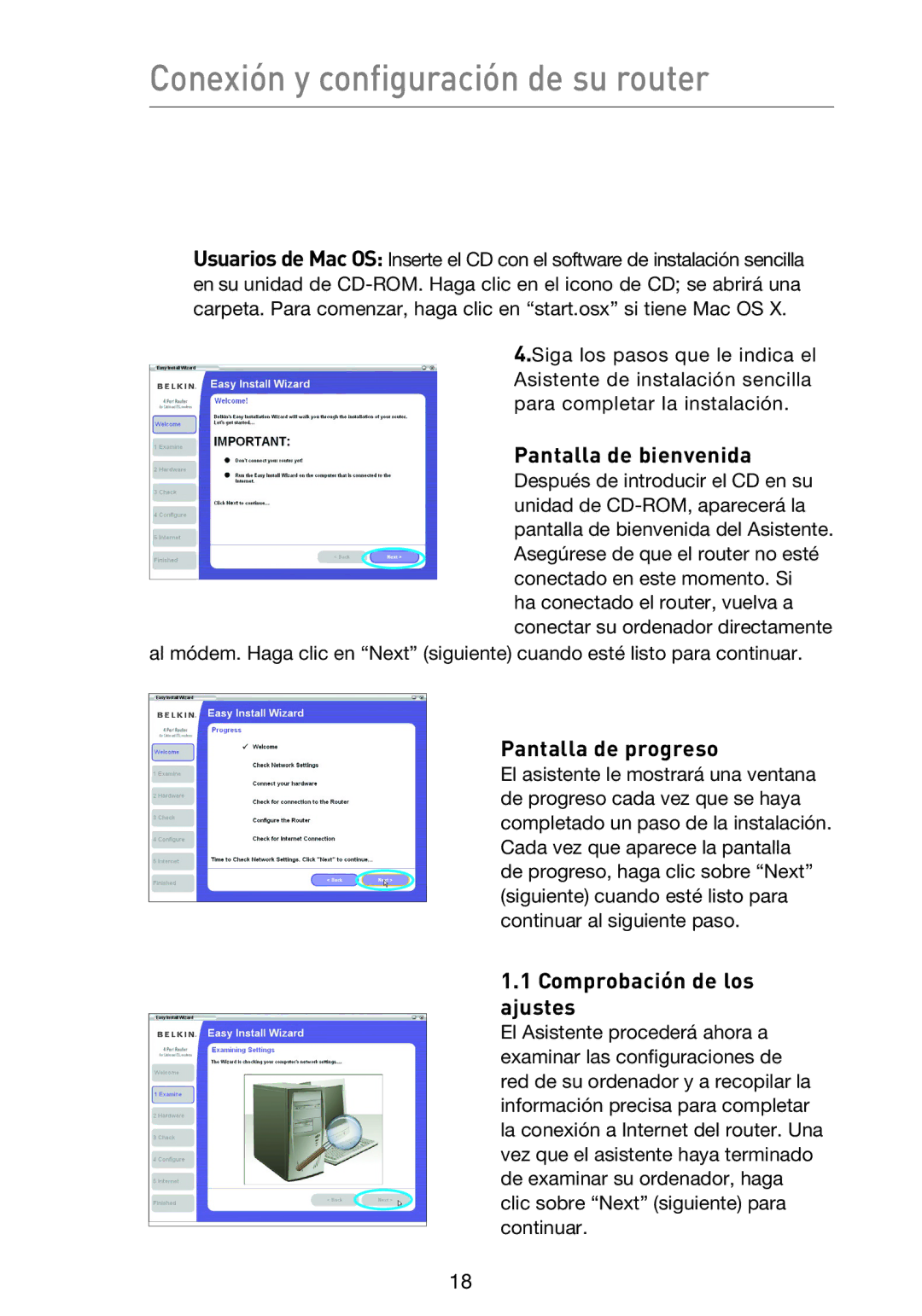 Belkin F5D9230UK4 user manual Conexión y configuración de su router, Pantalla de bienvenida, Pantalla de progreso 