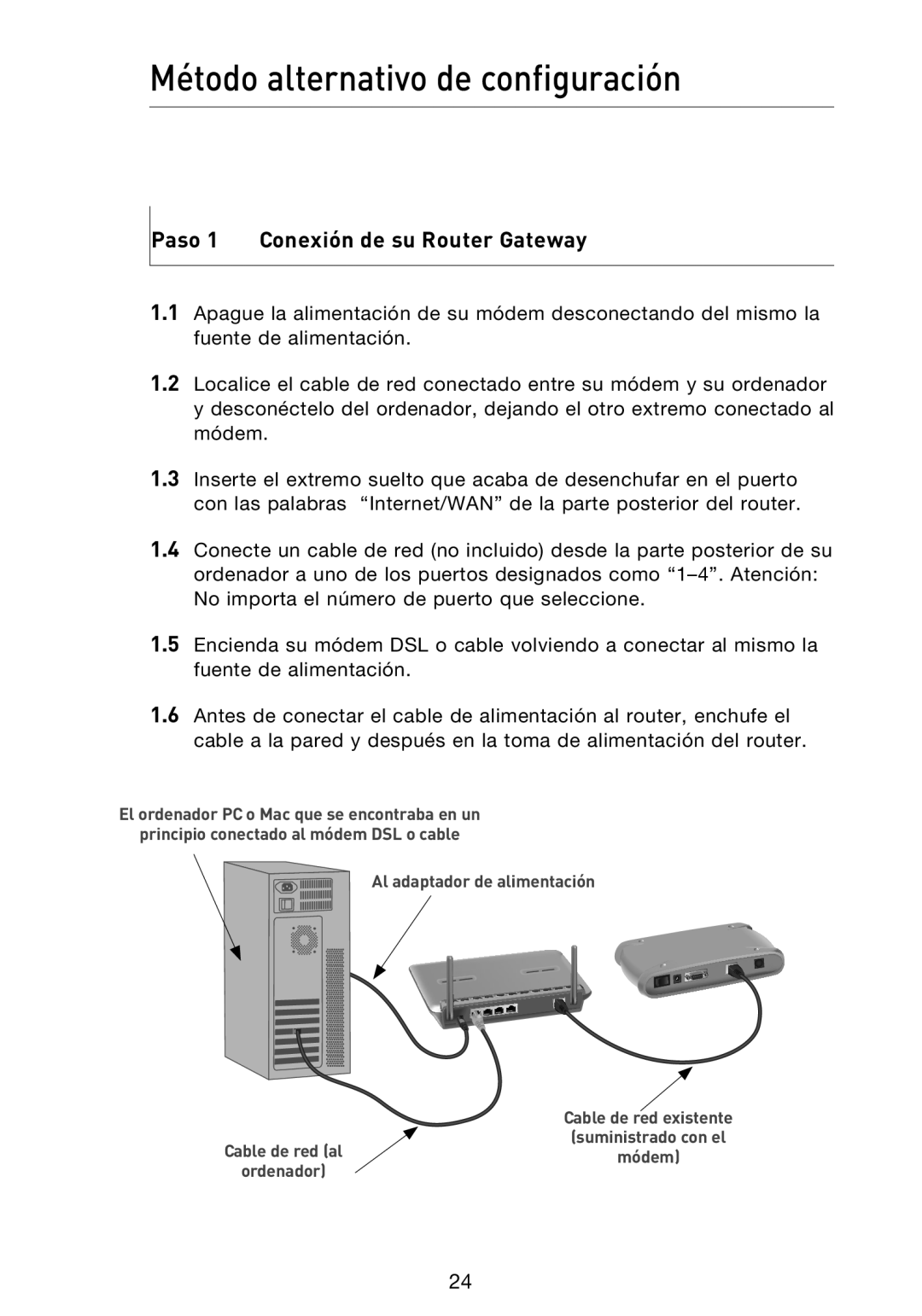 Belkin F5D9230UK4 user manual Método alternativo de configuración, Paso 1 Conexión de su Router Gateway 