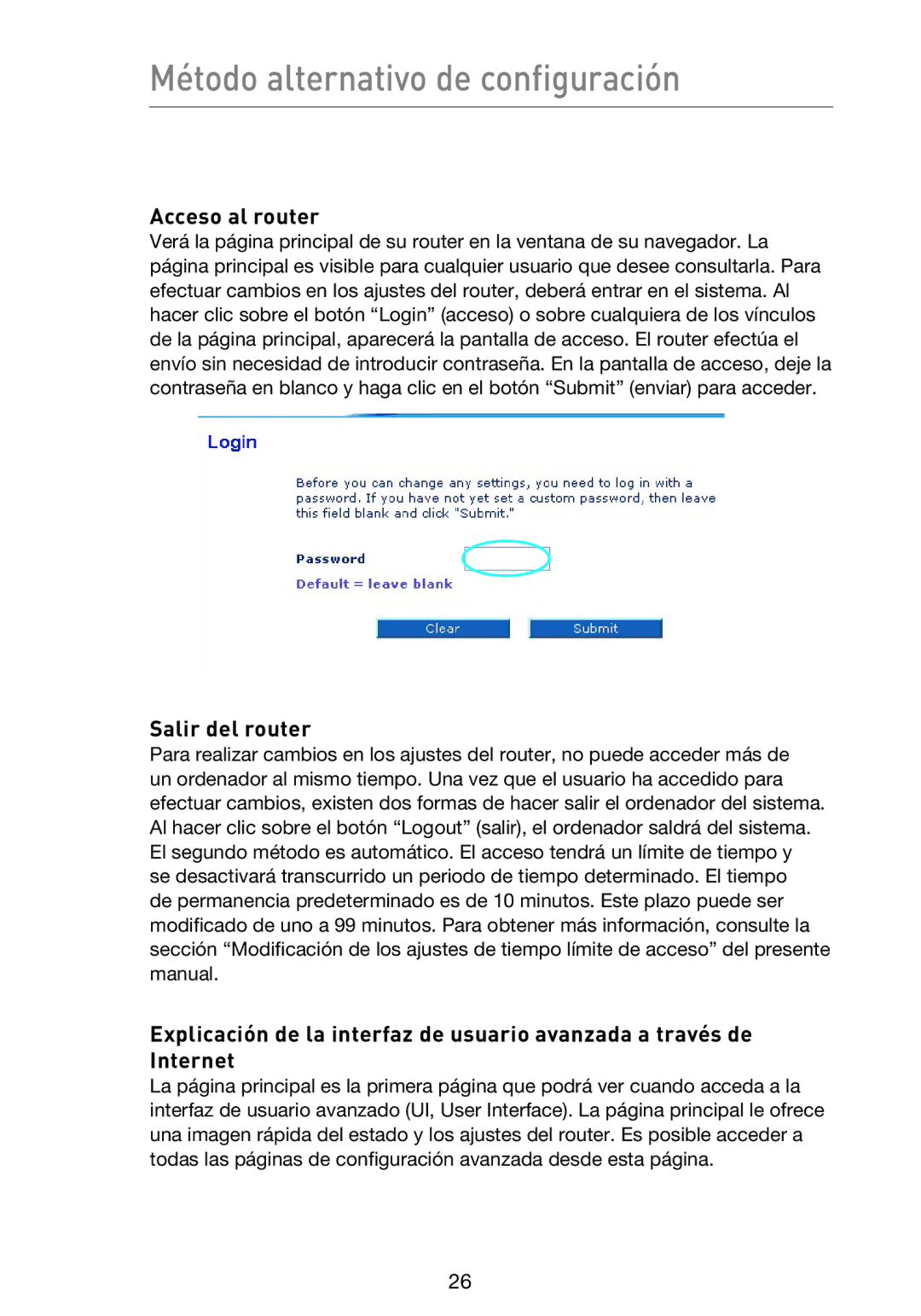 Belkin F5D9230UK4 user manual Método alternativo de configuración, Acceso al router, Salir del router 